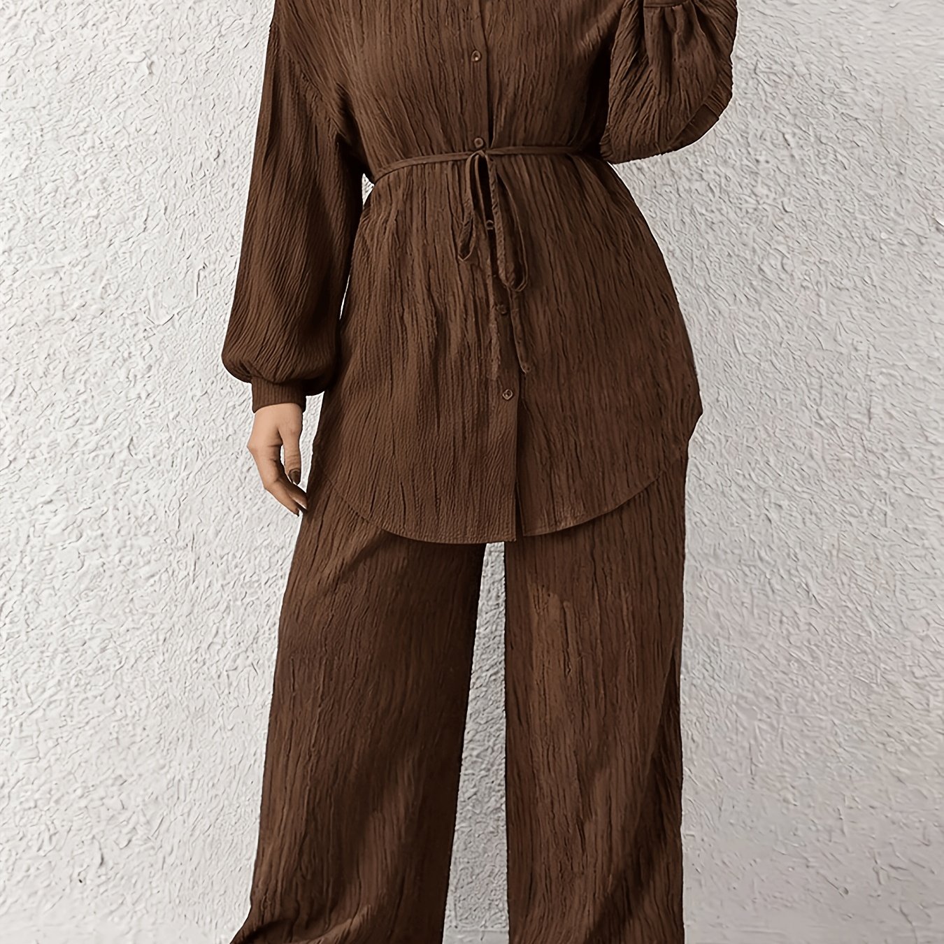 Solid Shoulder Single-breasted Top With Wide Leg Pants Casual Suit