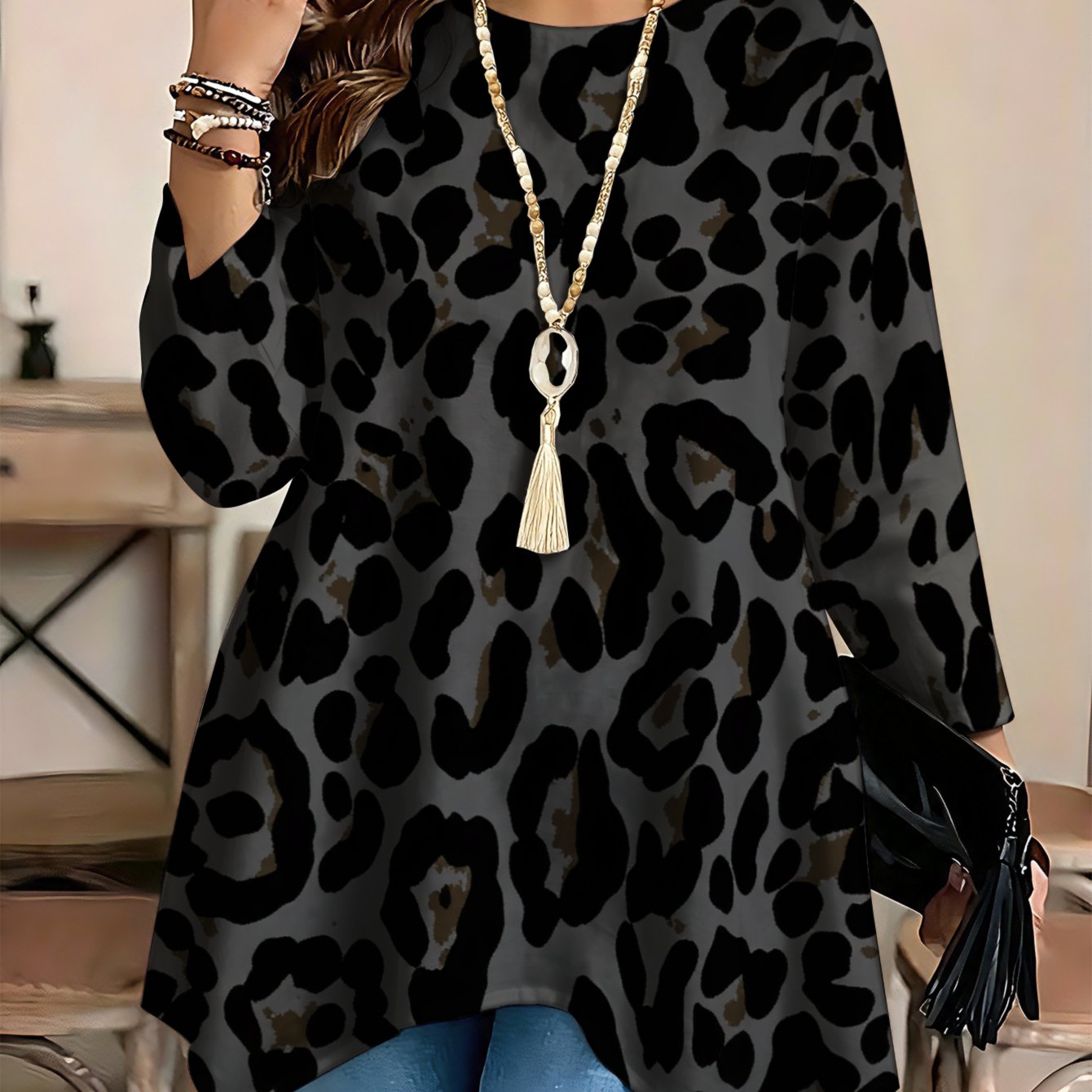 Image of Plus Size - Fashionable , Women's Long-sleeve Blouse With Round Neck And Asymmetric Hem, Leopard Print Pattern, Elegant Casual, Perfect For Spring And Summer Wear, For Women In Larger Sizes