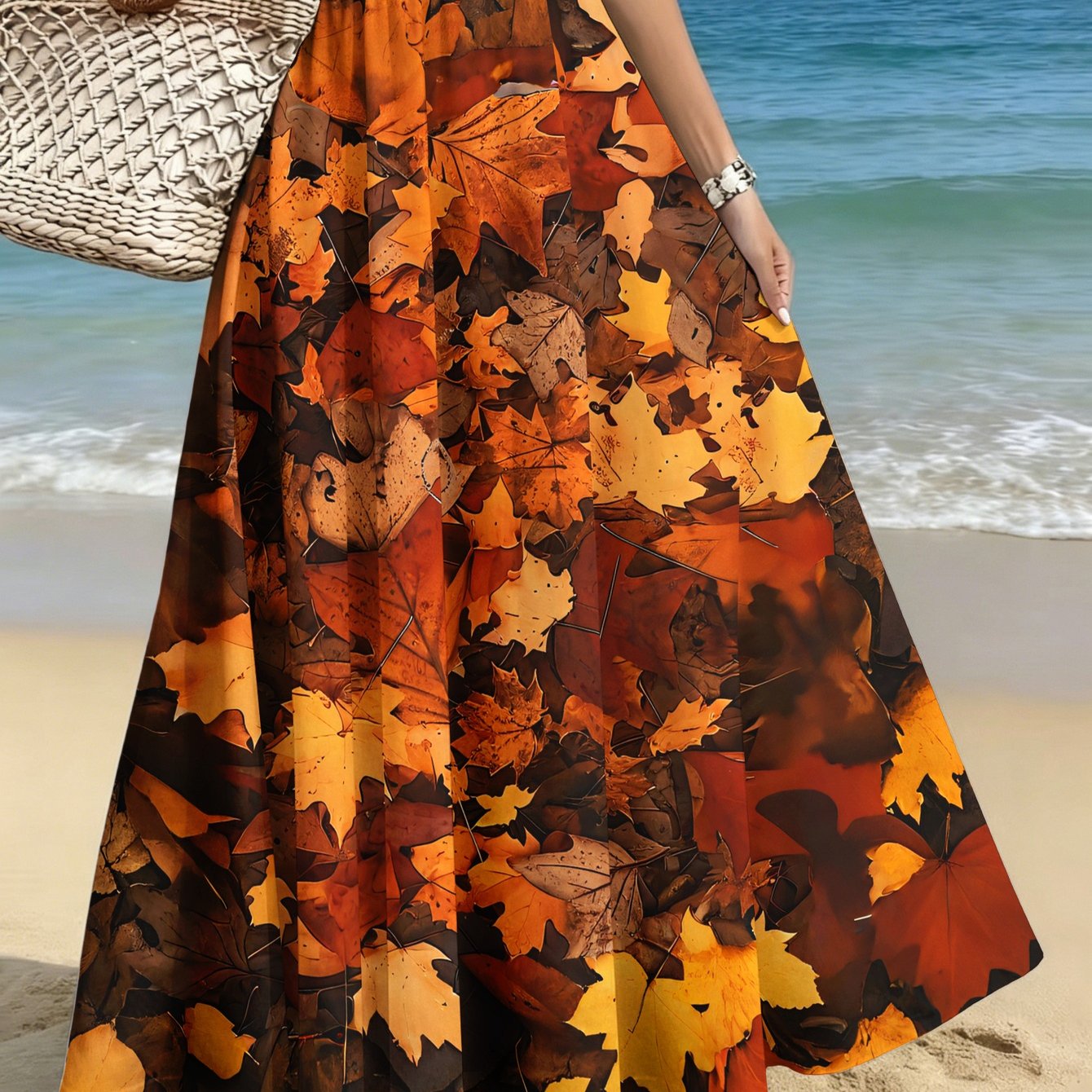 TEMU Plus-size Women's Elegant And Stylish Half Skirt, Casual Printed Midi Skirt, Fallen Leaves Autumn Print, Commuting/casual/date/party/beach