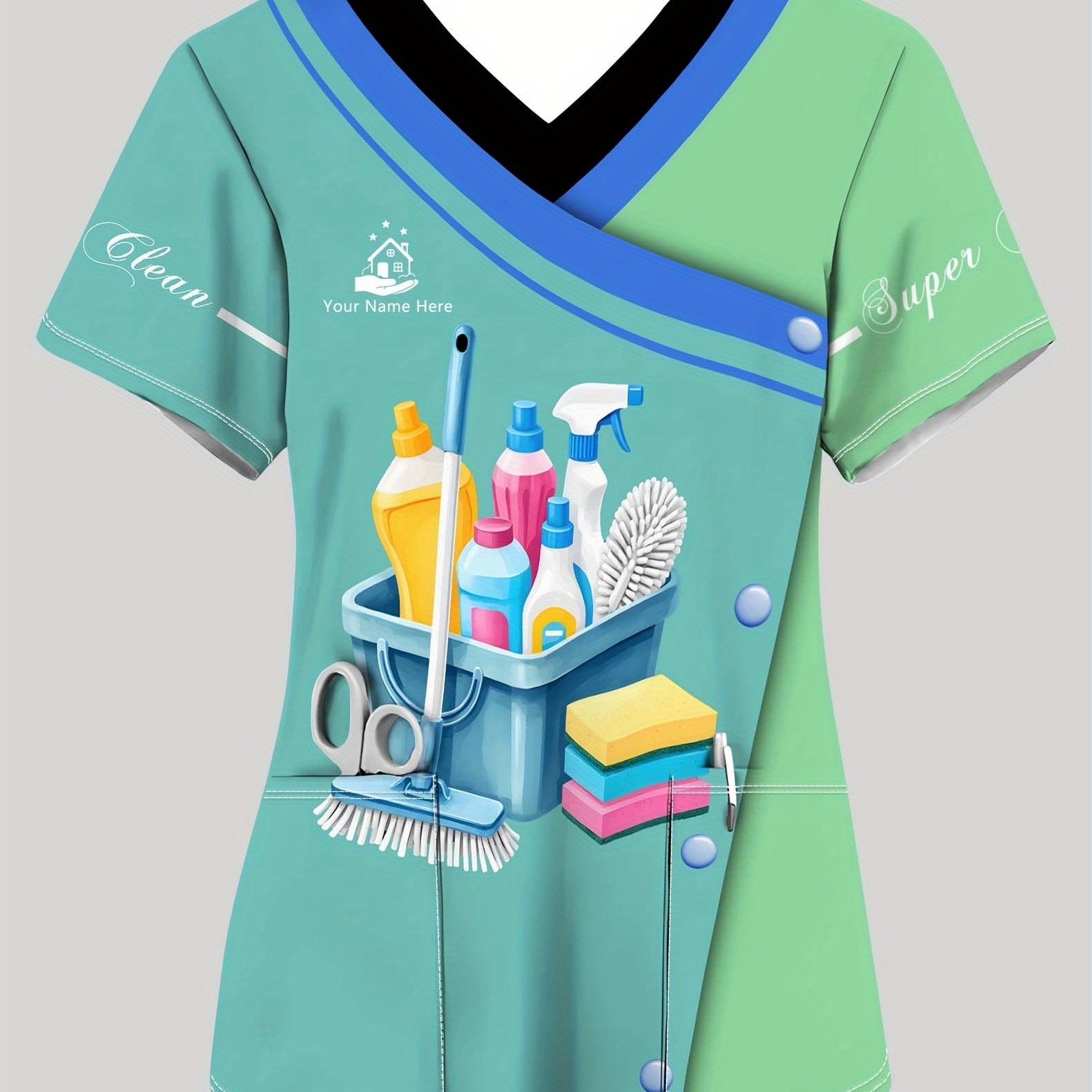 TEMU Custom Name V-neck Pocket Cleaning Work T-shirt, Laundry Shop Uniform, Comfortable And Stylish Short-sleeve T-shirt For Women With Laundry