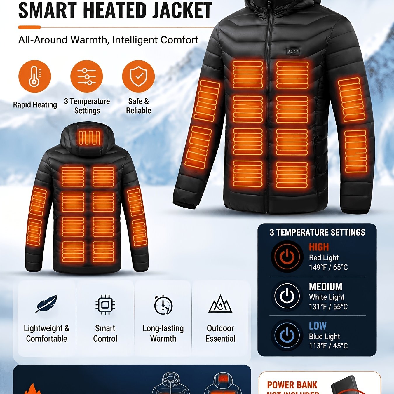 TEMU Chaqueta térmica con calefacción para hombre, unisex, 29 zonas de calefacción con 4 interruptores de control, capucha desmontable, calefacción