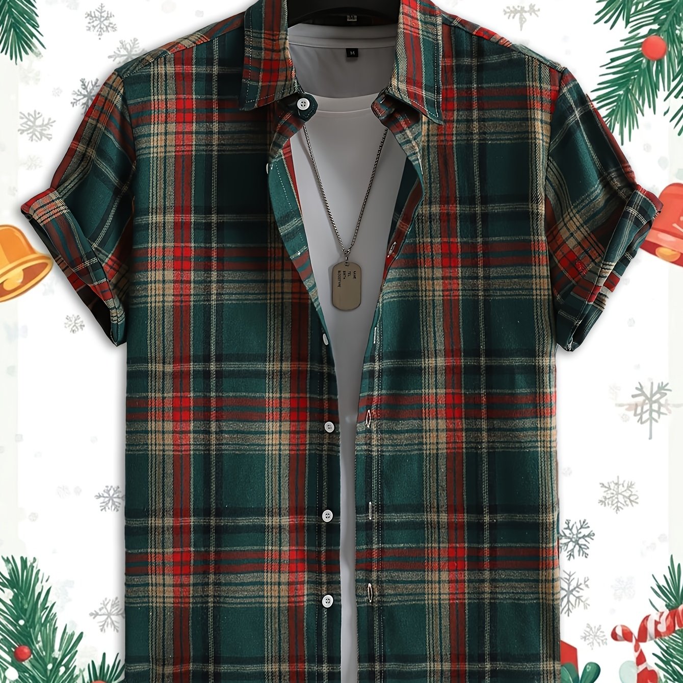 TEMU Men's Plaid Flannel Front Open Button-up Casual Short-sleeve Shirt, Suitable For Dates Or As A Gift For Husband, Plaid Pattern, For Spring And