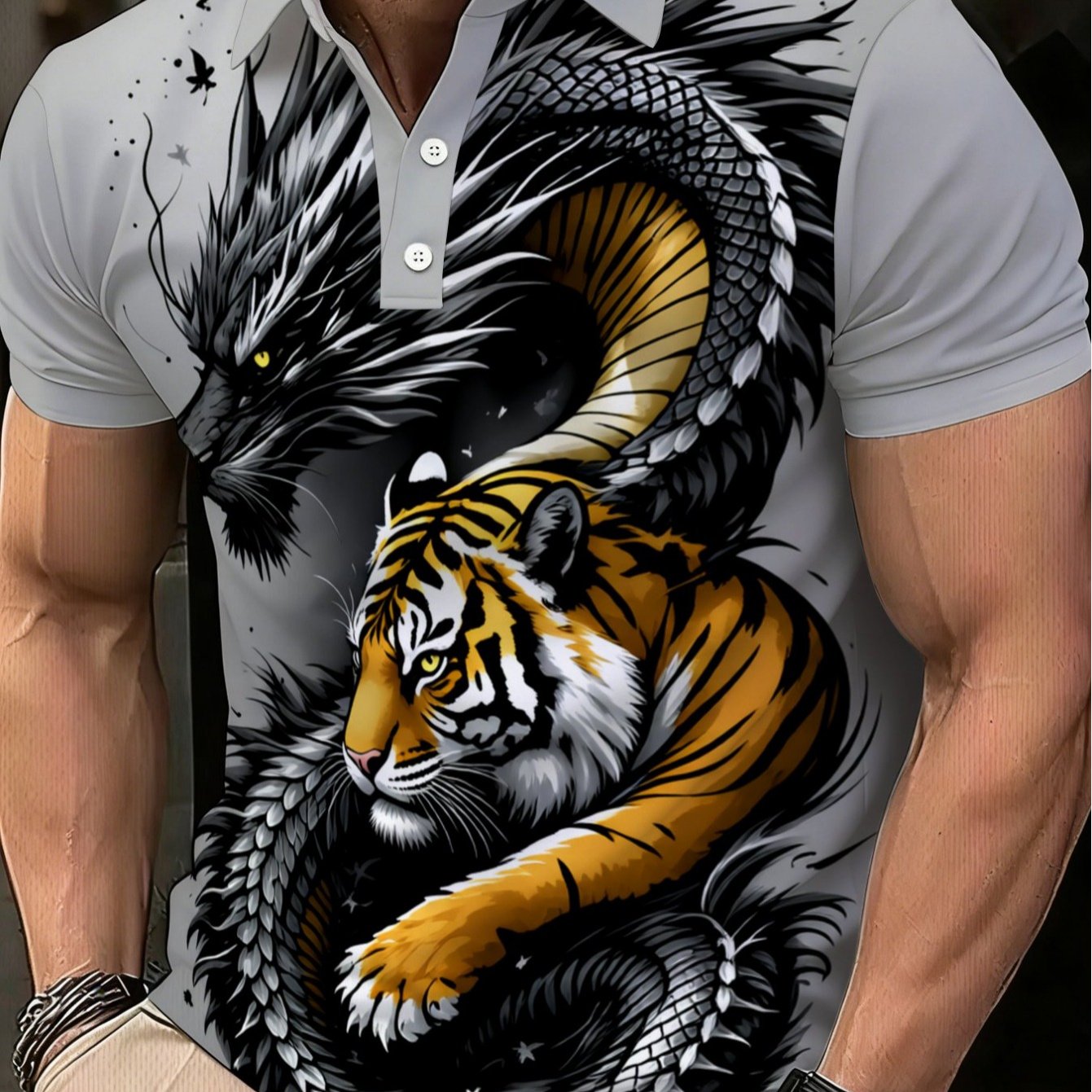 TEMU Men's Shirt Featuring A Dragon And Tiger Print Design, Ideal For Casual Wear In Settings Like Restaurants Or Living Rooms. Background Is