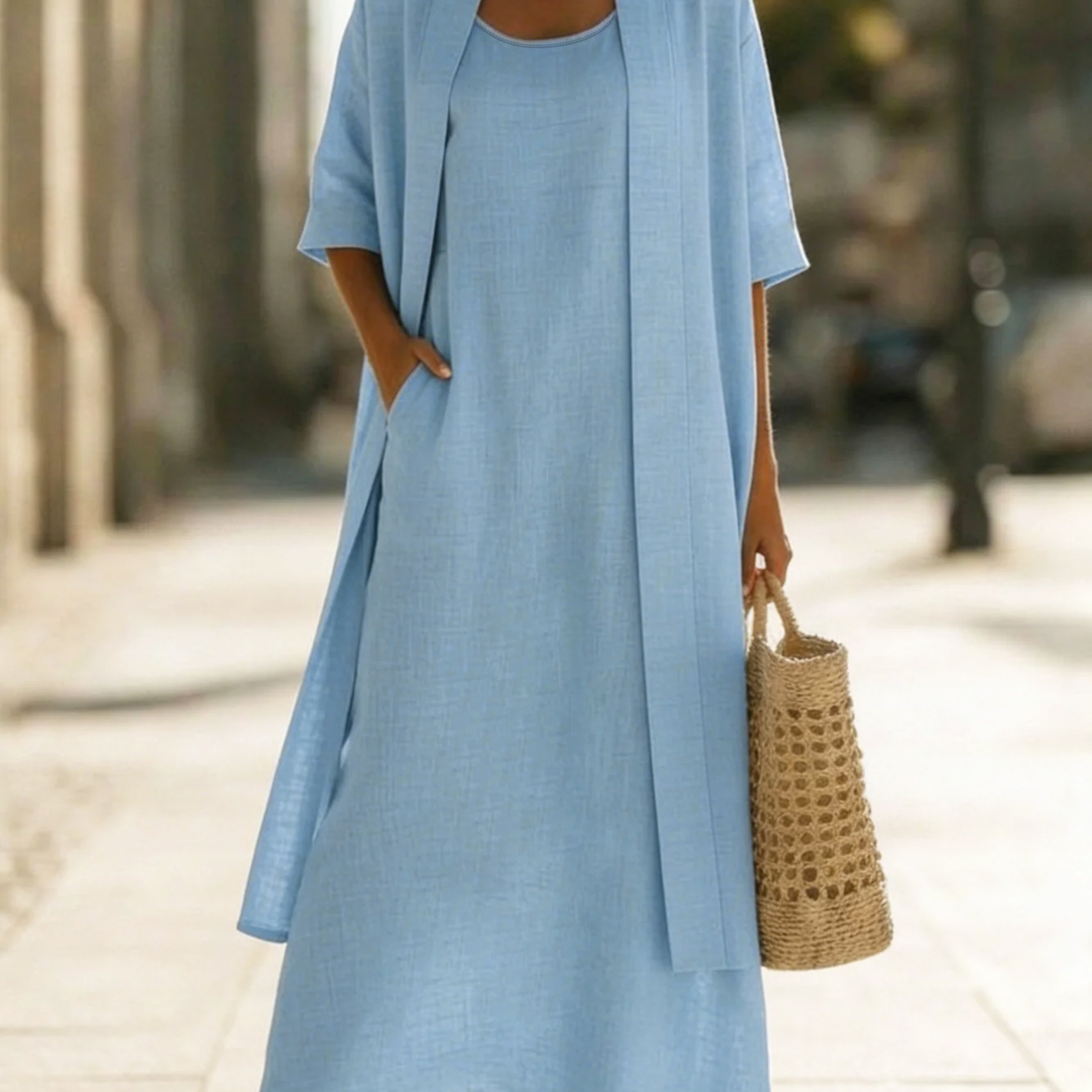 item picture womens elegant solid color five quarter sleeve cardigan with pockets and camisole dress set fashionable casual loose and comfortable 2pcs long dress set for outdoor vacations parties and commuting