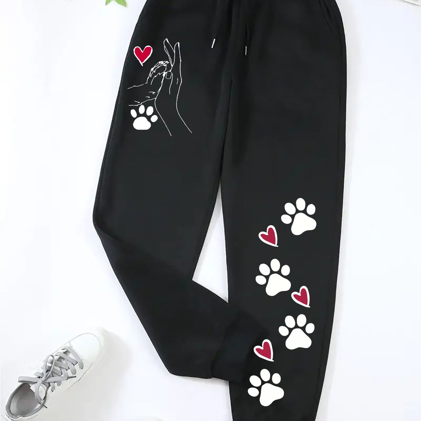 TEMU Plus Size - Plus Size - Plus Size Women's Paw Print Heart Patterned Casual Elastic Waist Joggers - Comfortable Loose Fit, Machine Washable With