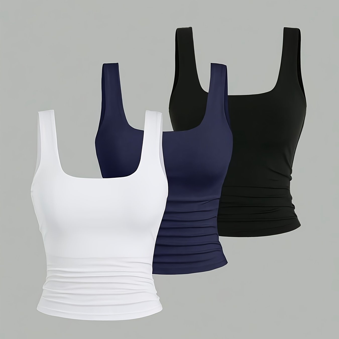 3pcs Girls' Teen Solid Neck Tank Tops, Side Ruched Waist Slim Fit, Comfortable Breathable Fabric, Summer Essential Sleeveless Camisoles For Girls Teens