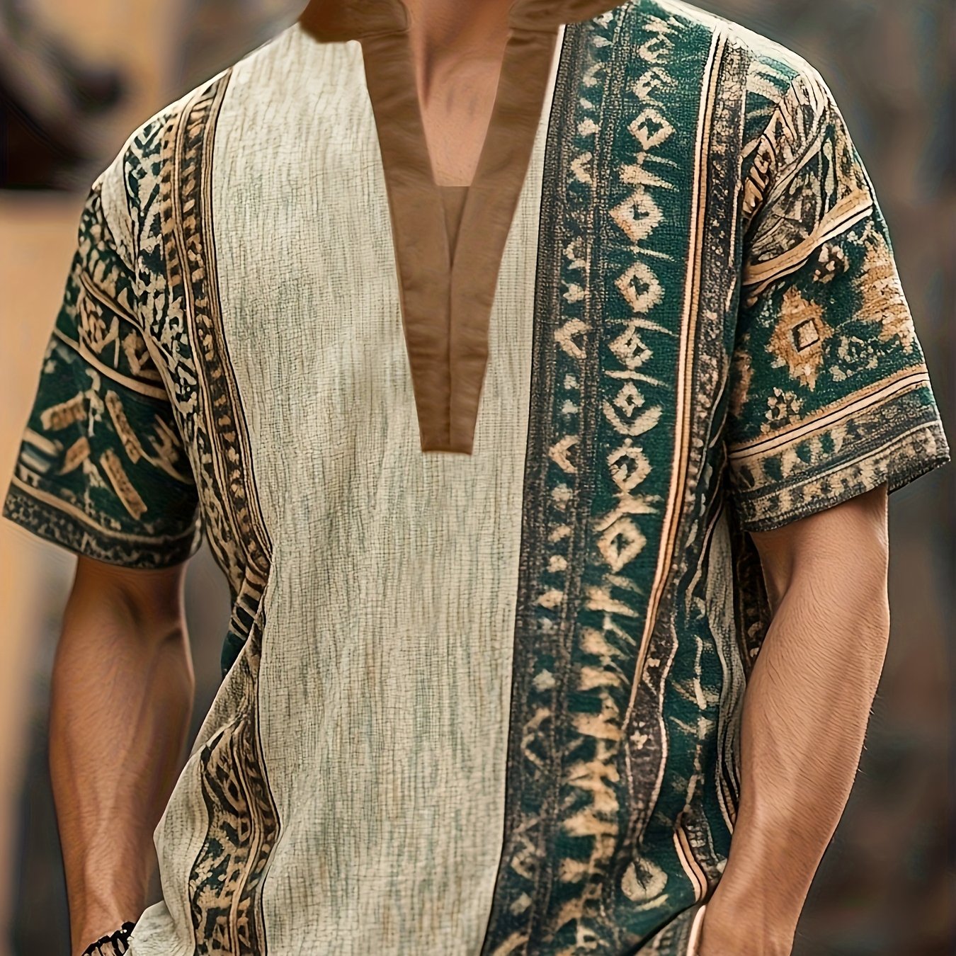 E-shop Herrenmode Henley mit Print, trendiges lässiges Ethno-Style Tribal Totem Tribal Muster Print, Outdoor Oberbekleidung Henley Top, Kurzarm Henley