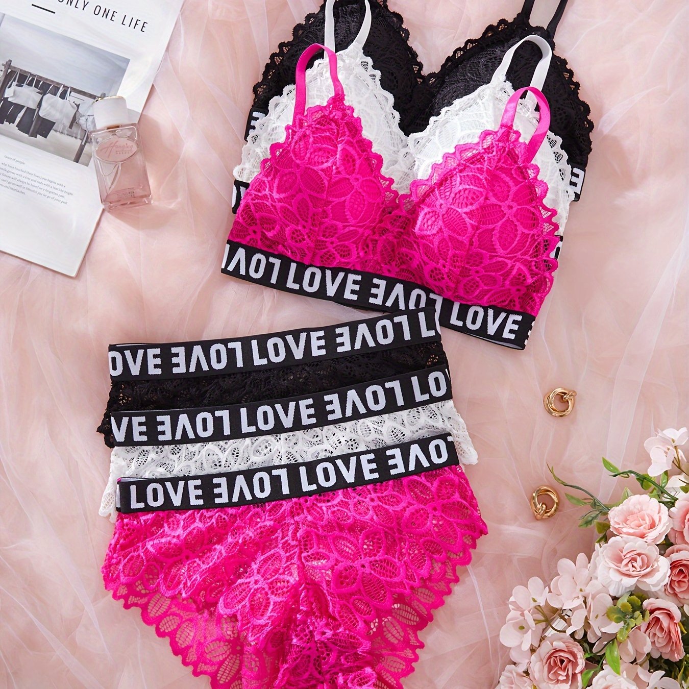 6pcs Romantic Series Sexy Lace Women's Underwear Sport Style Wire-free Bra Set
