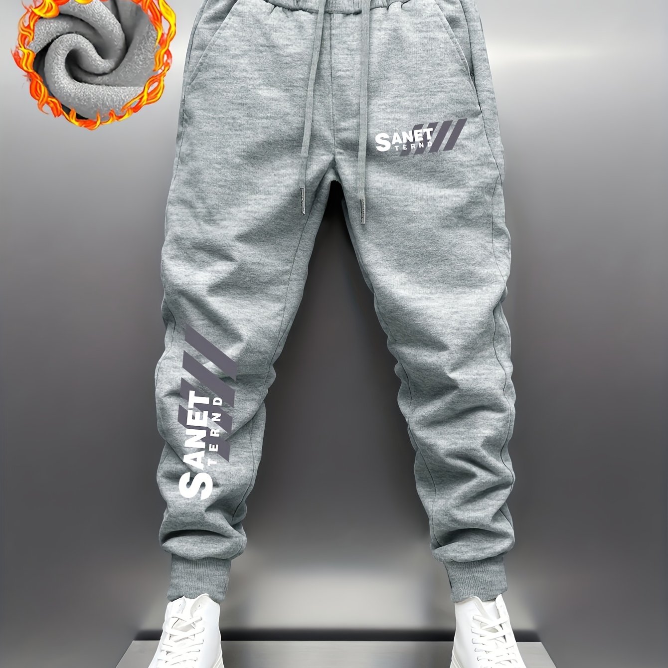 TEMU New Winter Men's Thick Long Pants, Trendy Sporty Casual Trousers With Fashionable Print Design, Comfortable And Warm, Jogger Pants, Suitable For