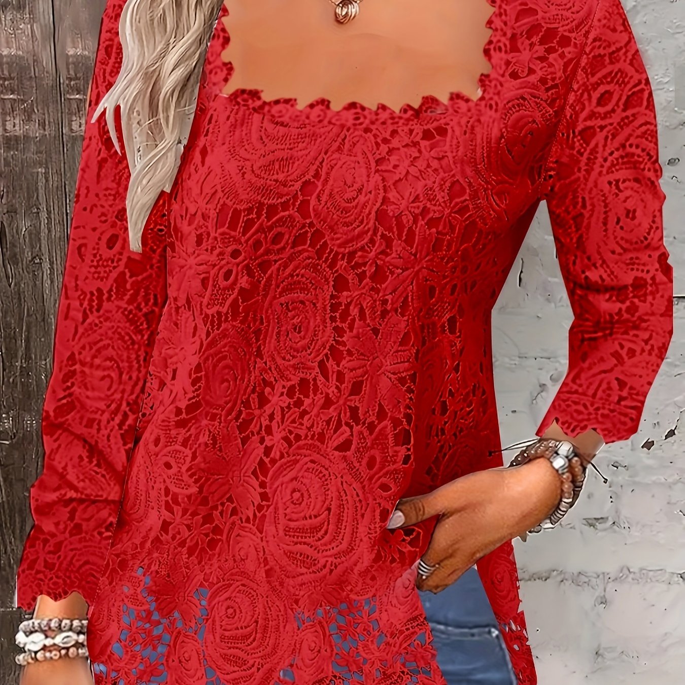 Floral Lace Square Neck Blouse, Vintage Long Sleeve Blouse For Spring &  Fall, Women's Clothing