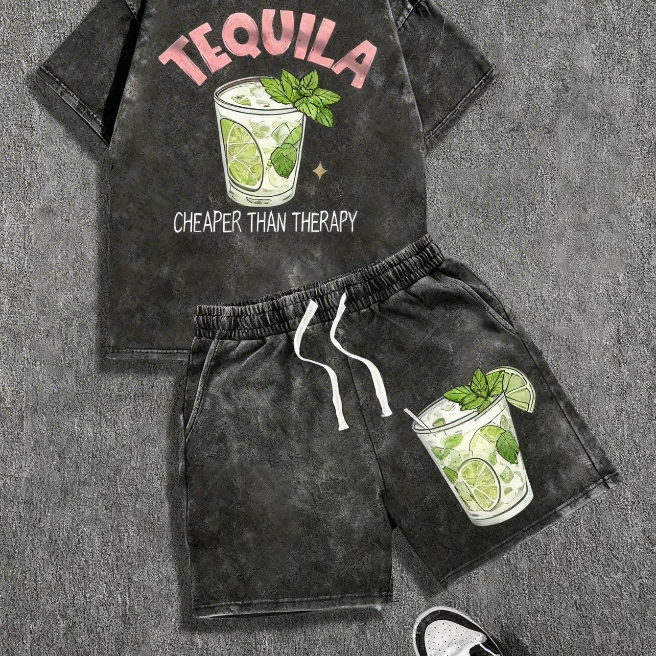 Wash Set, 230g Washed T-shirt, 290g Washed Shorts, A Drink Of Wine To Of Set, High Quality Suitable For Summer Outdoor Sports, Casual Shorts T-shirt And Tee Set, Perfect Gift