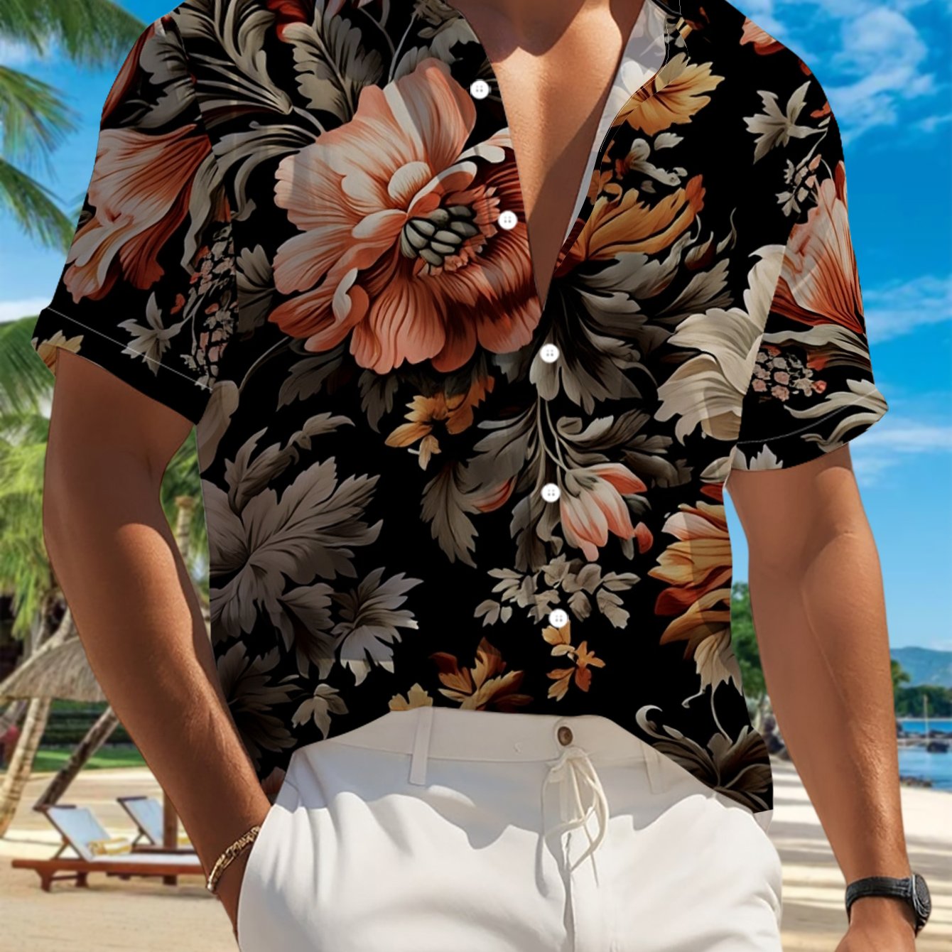 TEMU 's Casual Short-sleeve Shirt With Vibrant Floral Print On A Dark Background, Vintage , Versatile Top For Holiday Parties, Commuting, And Casual