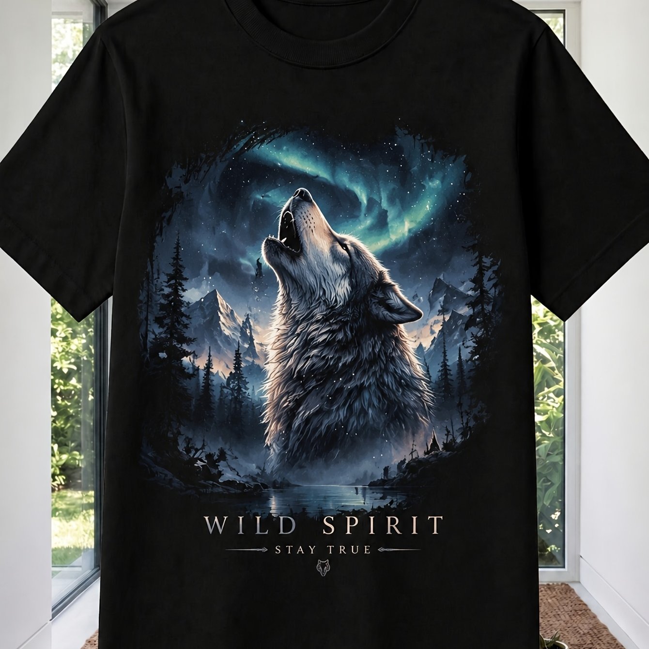 Men's Wolf Aurora Forest Graphic T-shirt, Wild Spirit Print, Casual Daily Wear, Streetwear Style
