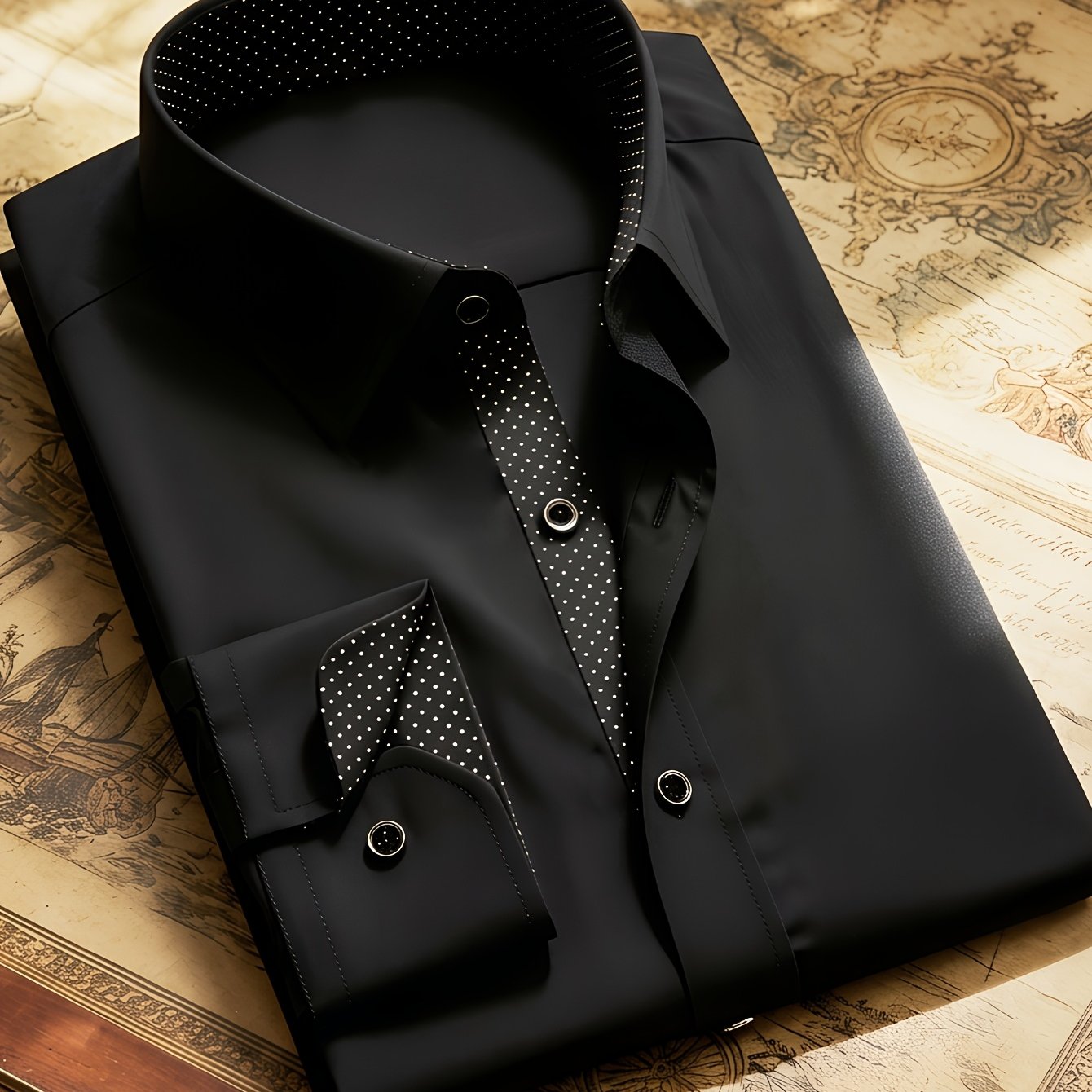 TEMU Men's Black With Polka Dot Contrast Lining, Classic Collar, Office & Meeting Wear