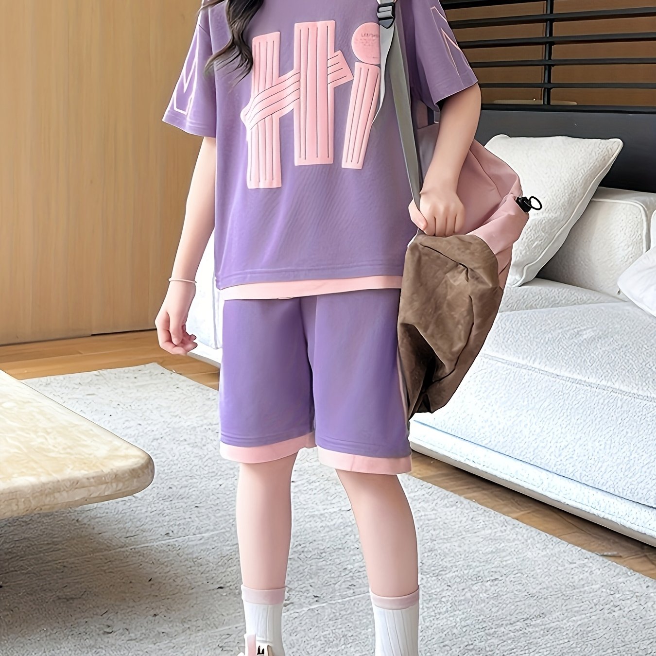 E-shop Mädchen-Set, 2-teilig, Sommer-Set mit Rundhalsausschnitt Buchstaben-Print, lässiger bequemer 2-in-1-Look, schlichtes Kurzarm-Top + lässige