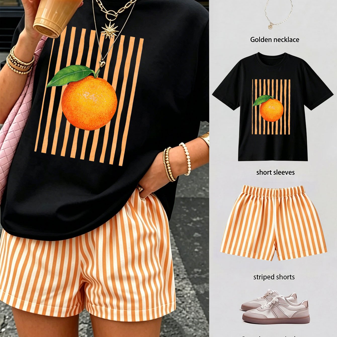 TEMU [summer] Summer Holiday Casual Orange And Stripe Women's Short Sleeve Striped Shorts Two-piece Set