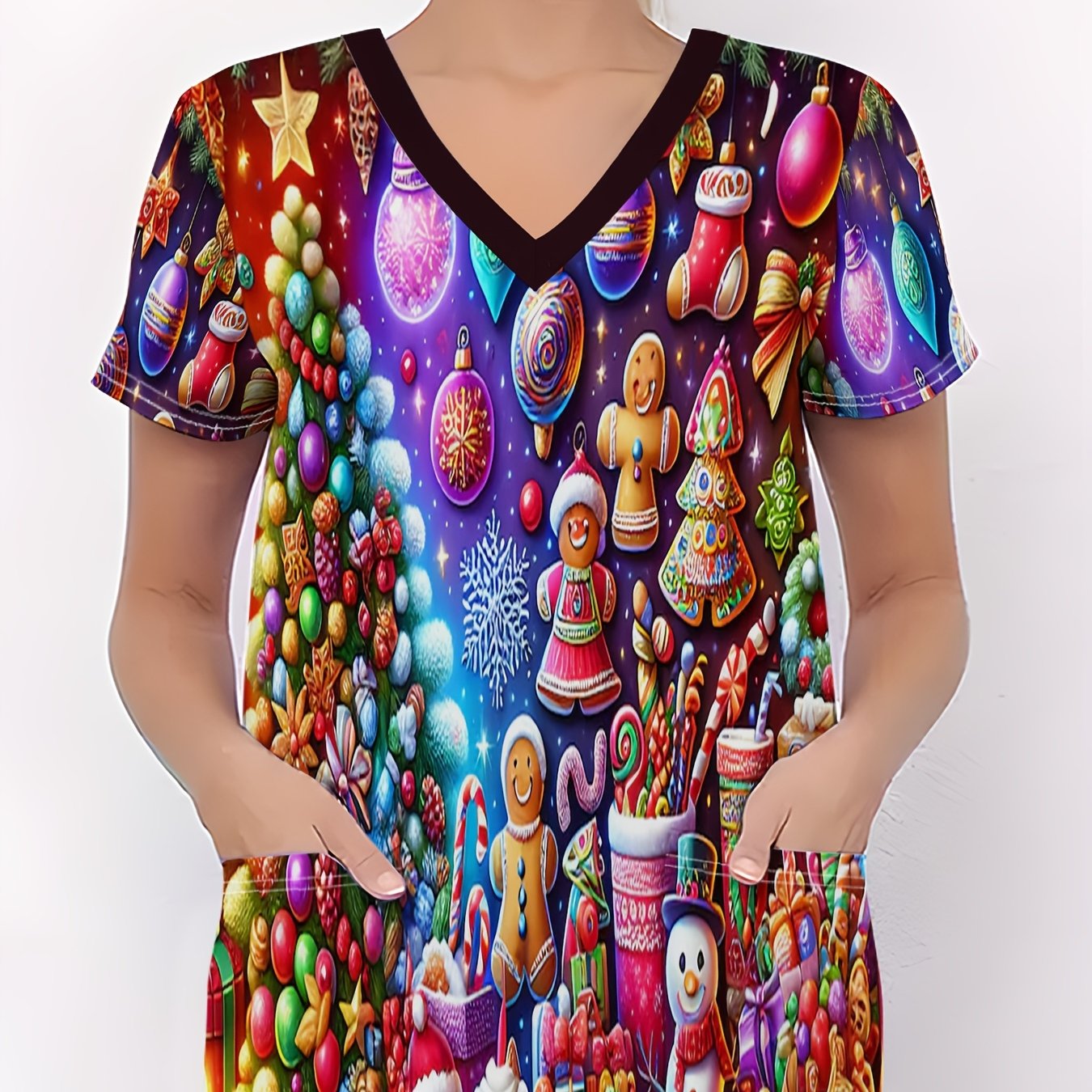 TEMU Christmas Women's Nurse Uniform, Colorful Christmas Decoration Award, A Holiday Atmosphere, Printed T-shirt, Christmas V-neck T-shirt With