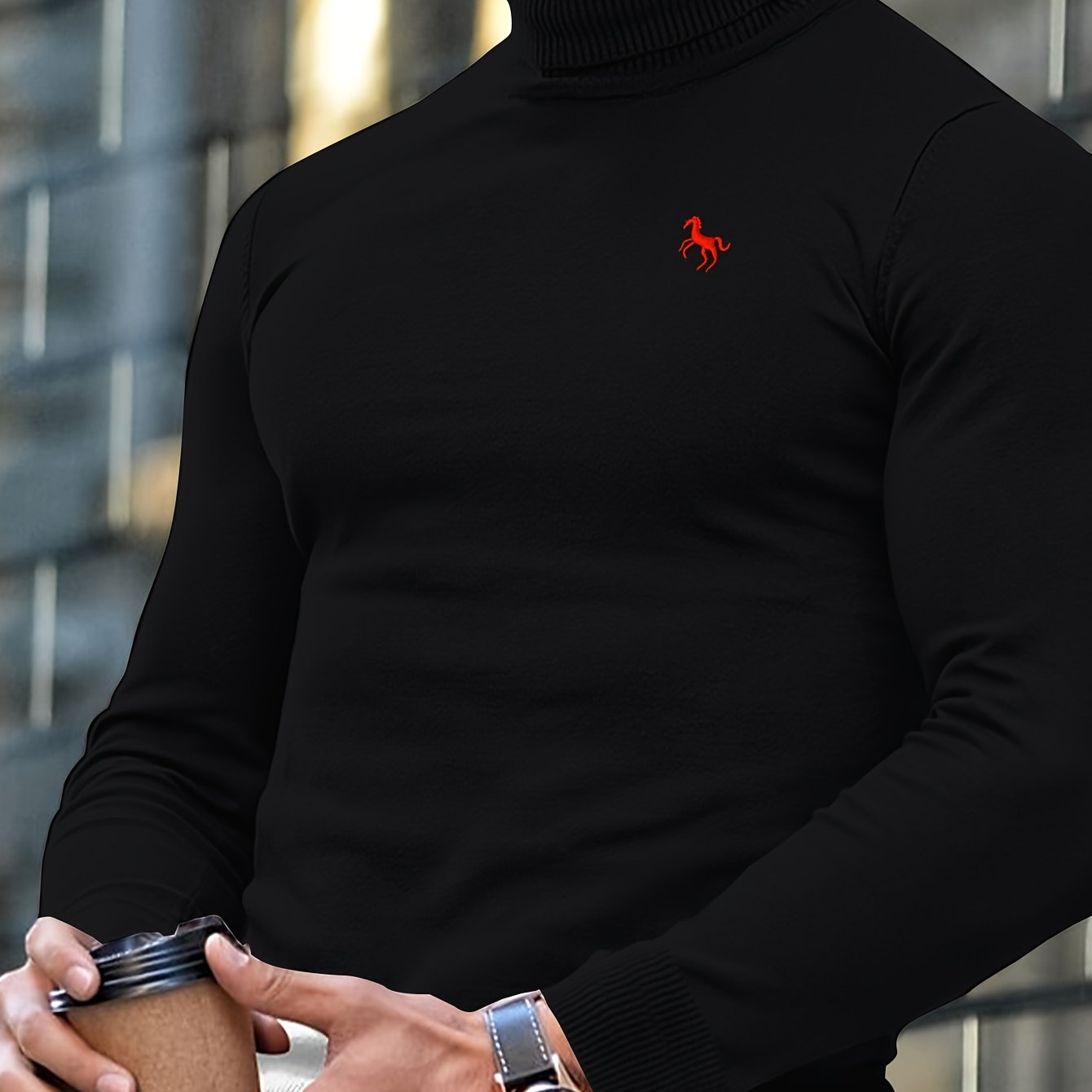Men's High-neck Knitted Sweater, Fitted Pullover Sweater, Solid Layer Shirt, Small Spurs Embroidery Design On Chest, Soft And Comfortable Top, Fall/winter Men's Clothing