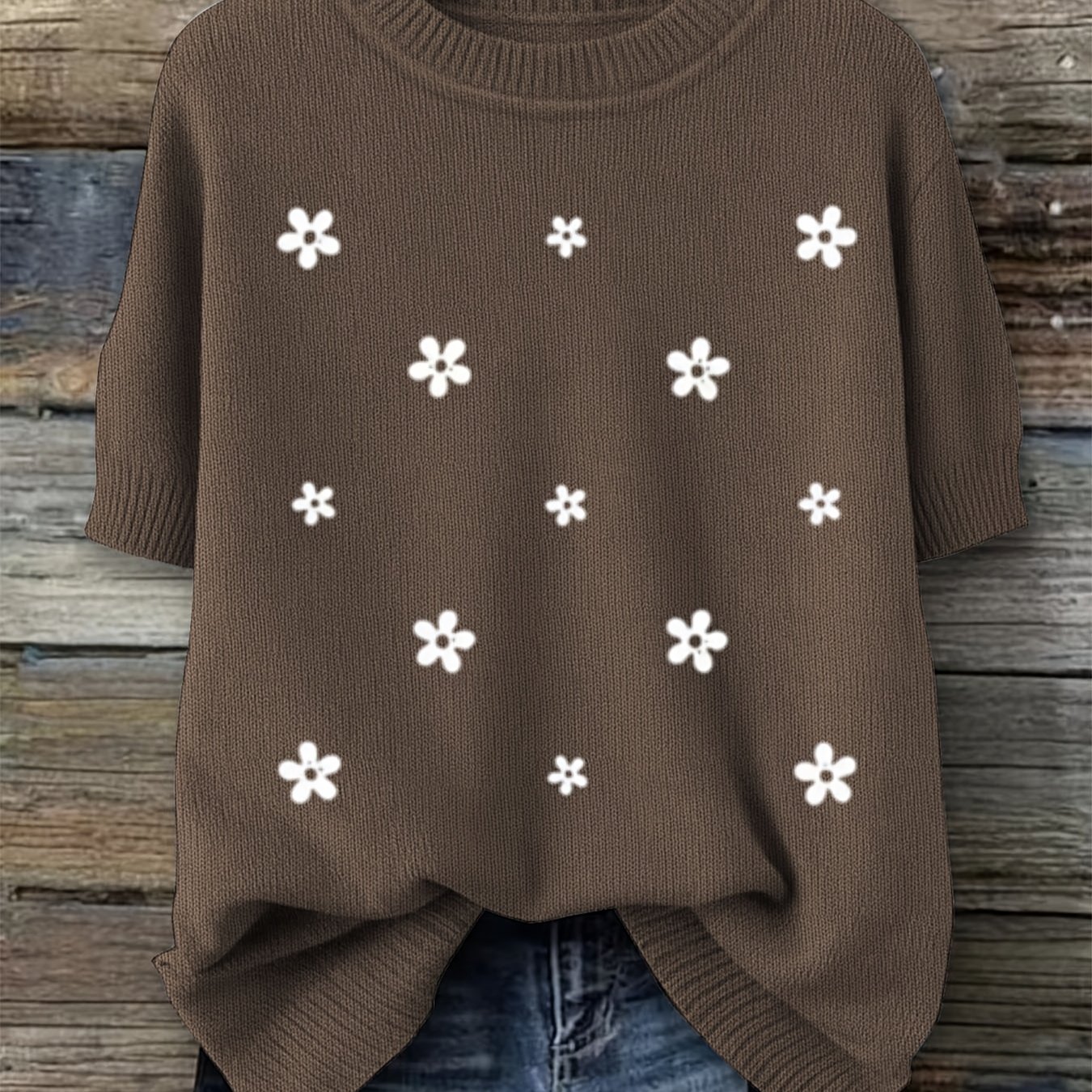 TEMU Women's Round Neck Short Sleeve Sweater, Western Style Home Soft Top, - Selling Sweaters Printed Design – Not Textured Pattern