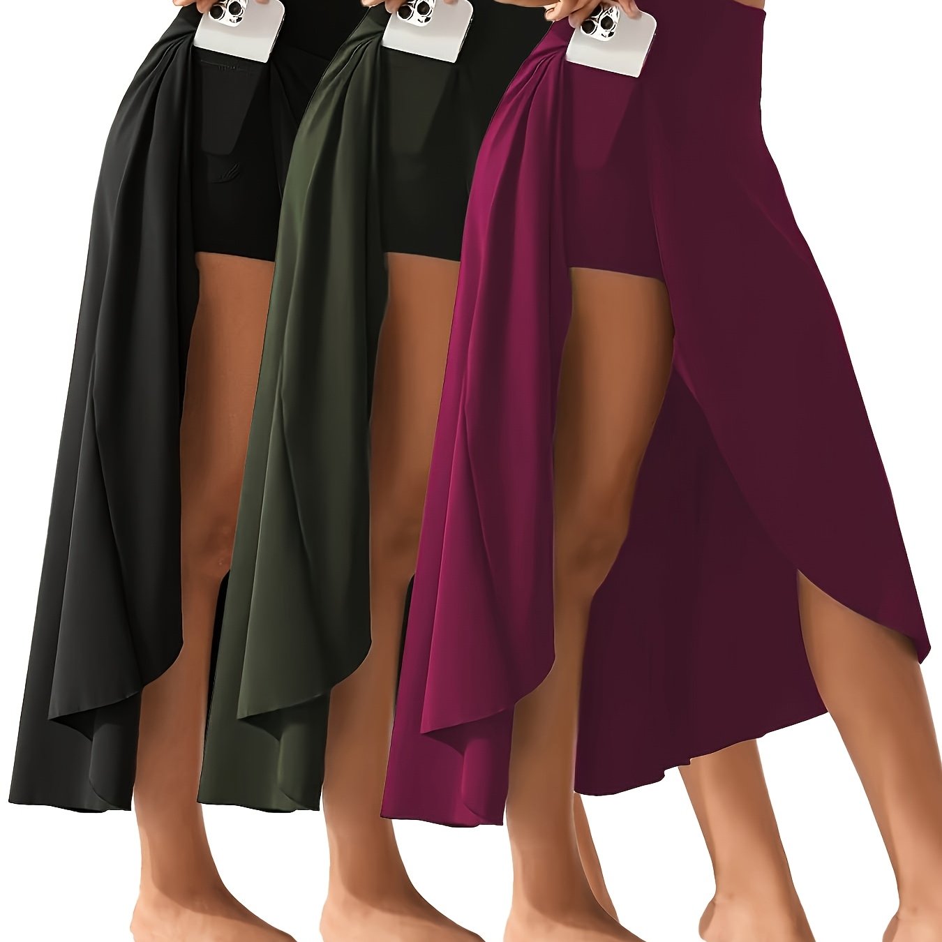 -in-one Irregular Elegant Slit Fashion Solid Color Athletic Skirt Pants Mixed Colors 3pcs Set