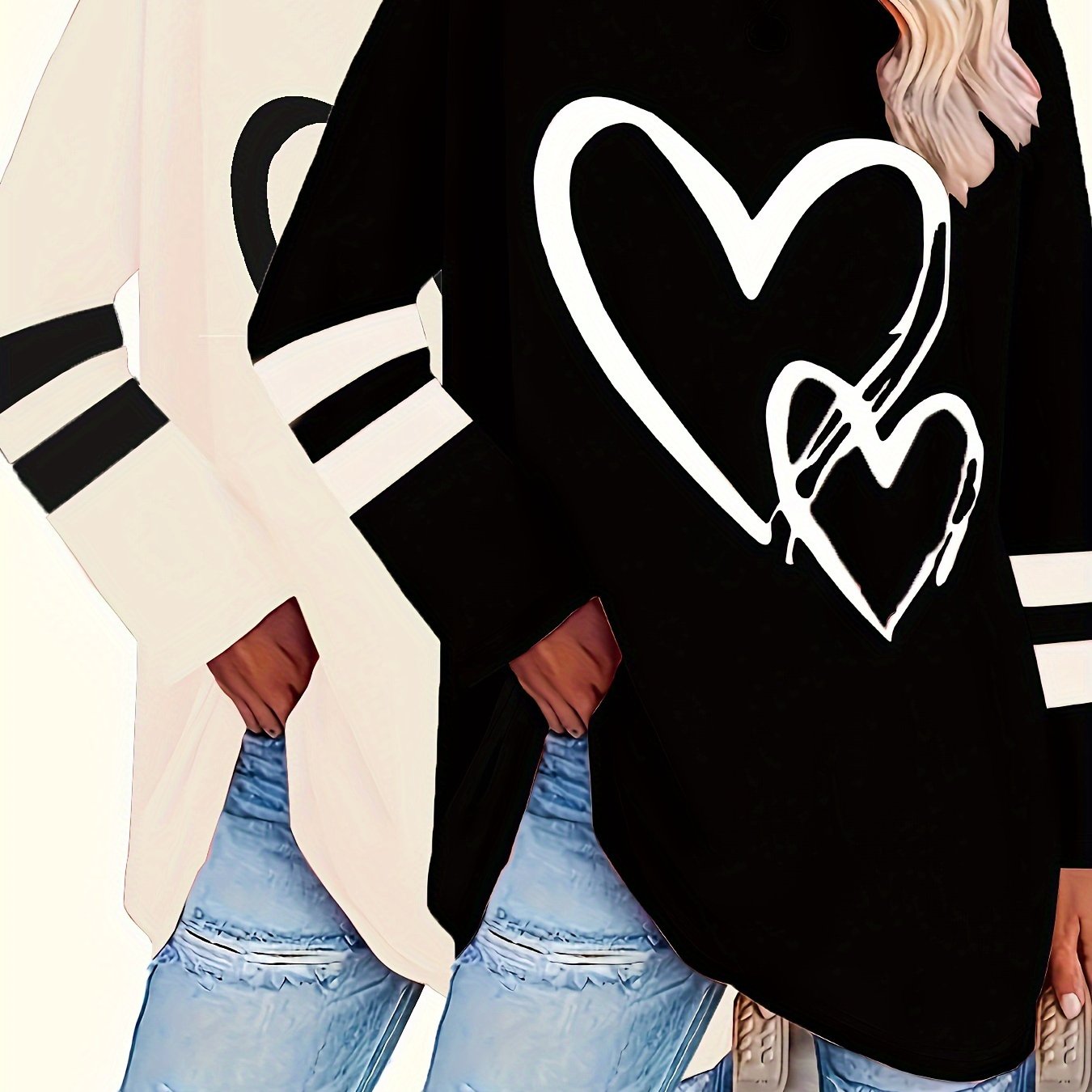 Image of 2pcs Of Trendy Extended Spring And Autumn Loose Long-sleeved Love Print Urban Casual Large Size Women's T-shirts