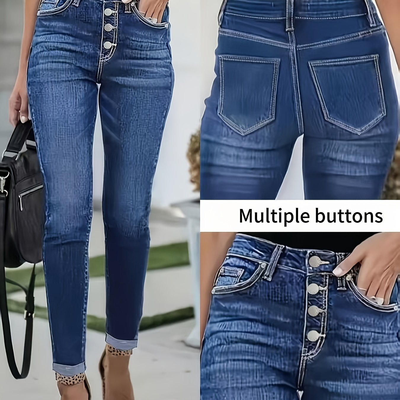 Slim-fit Elegant Multi-button Design Stirrup Elastic Jeans, Fashionable Trendy Women's Commuter Jeans