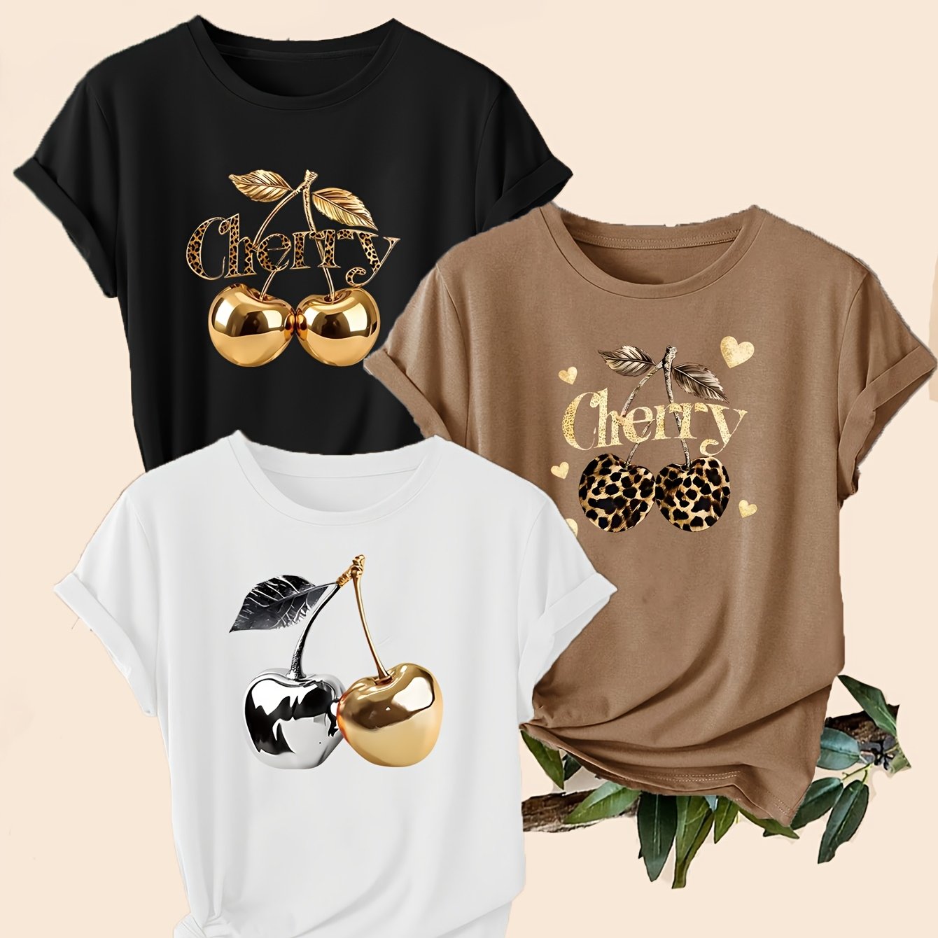 TEMU 2026 New Women's Fashion Leopard Print Cherry Pattern T-shirt, Spicy Vintage Light Different Styles Of Dressing Element Designed For Women