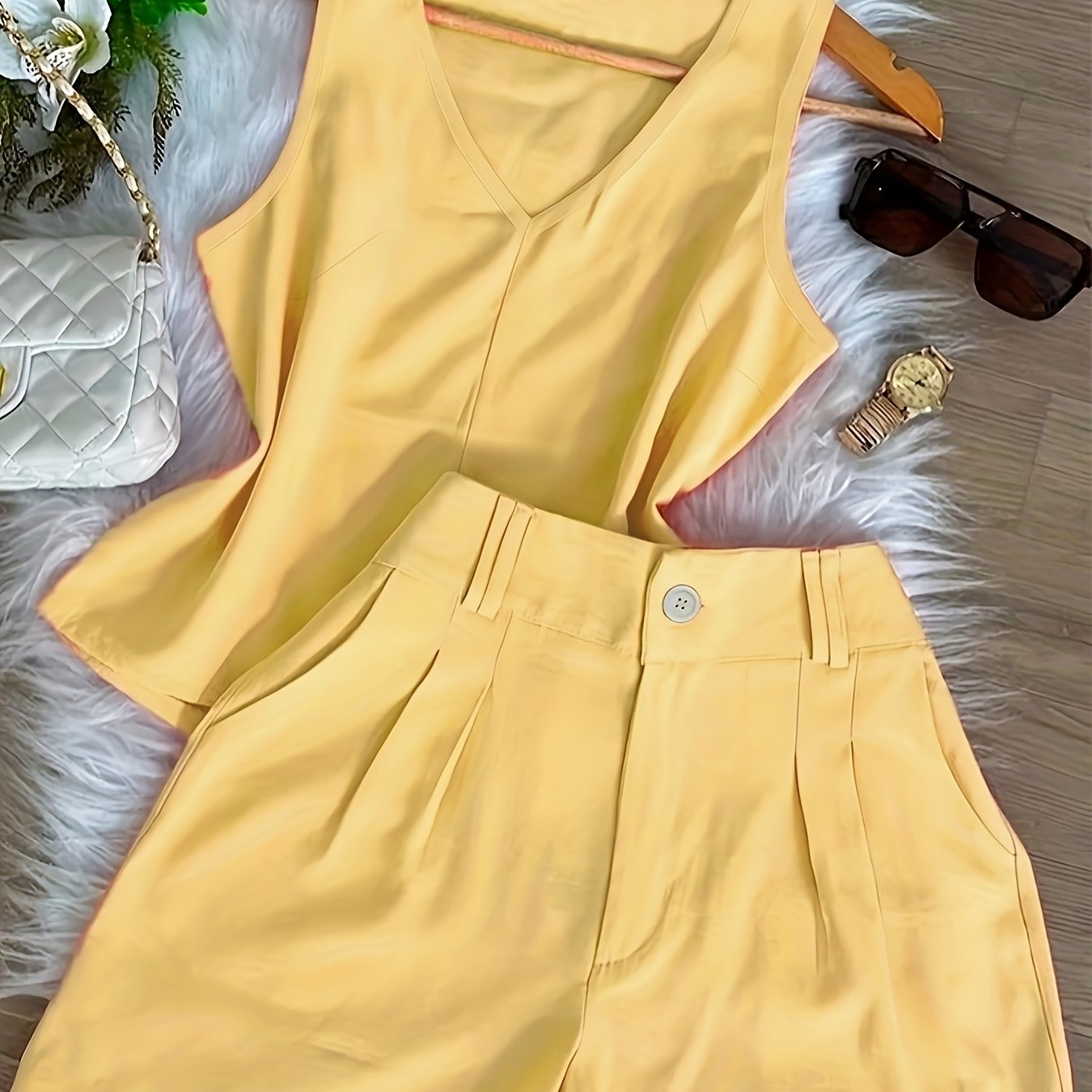 TEMU Women's Spring/summer Fashion Casual Simple Commuter V-neck Vest And Shorts Set
