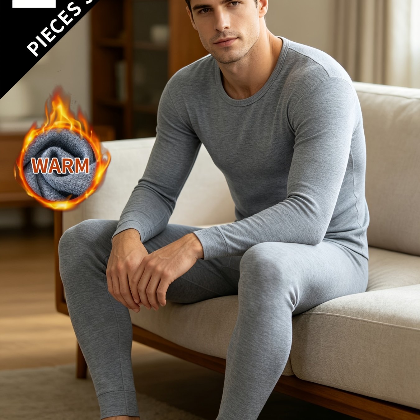 TEMU 2pcs Men's Thermal Underwear Set, Autumn Long Johns And Sweater, Crew Neck Thermal Base Layer For Fall/