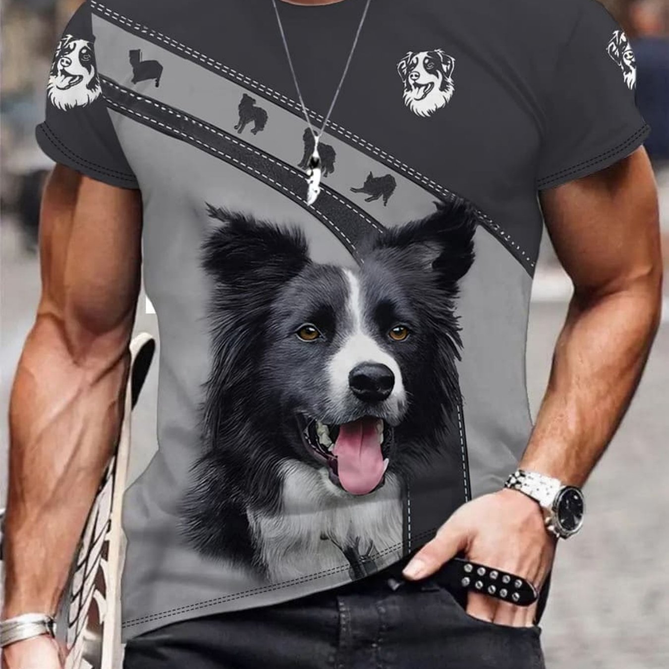 TEMU T-shirt à manches courtes pour homme avec col et imprimé Border Collie, haut décontracté d'été avec motif animalier à la tendance