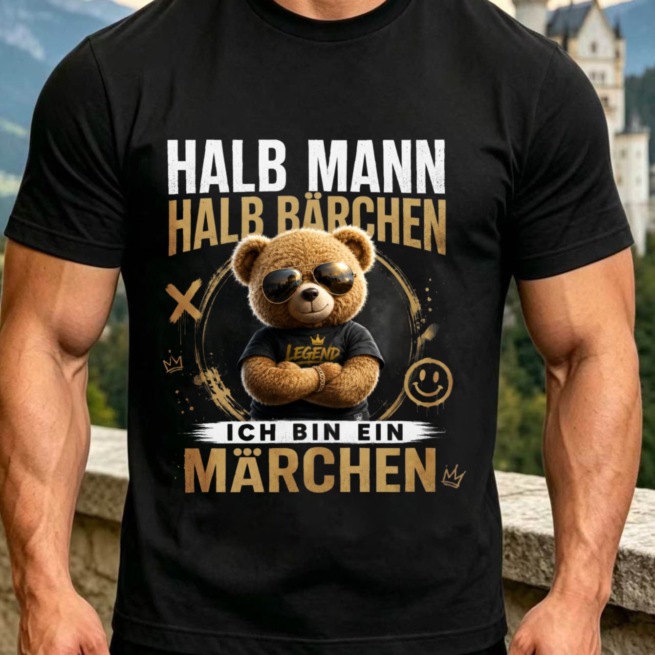 Image of Half For Man Half Bear With Teddy German Halb Mann Halb Barchen Text Crown Marks And Legend Street Style Unisex All T-shirt