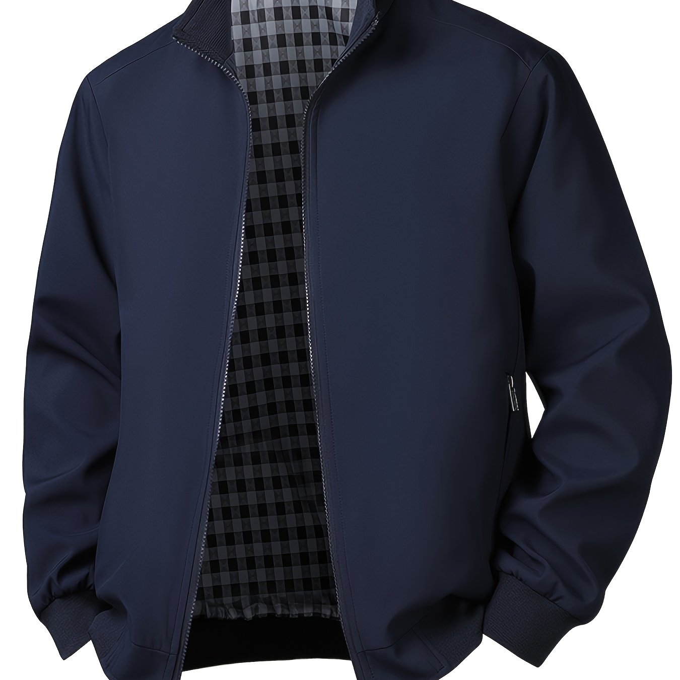 TEMU Men's Spring Autumn Collar Light Business Casual Jacket, Design, Ribbed Windproof Cuffs And Hem, Full Zip Closure, Plaid Lining, Mid-age