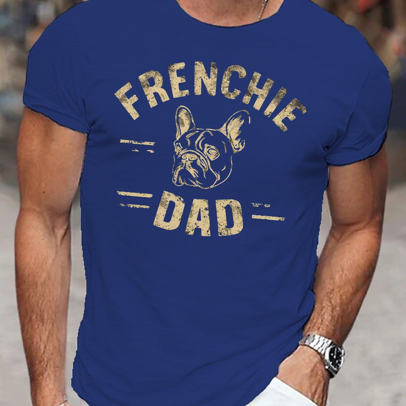 TEMU Frenchie Dad Illustration Print Tee Shirt, Tees For Men, Casual Short Sleeve T-shirt For Summer
