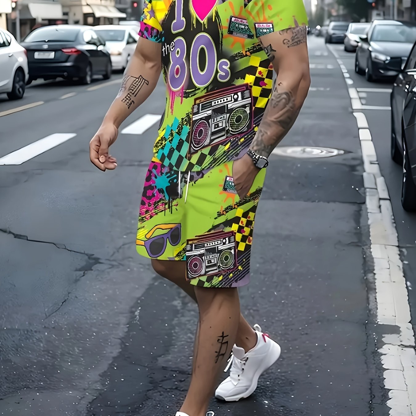 TEMU Men's 3d "i Love 80s" Graphic T-shirt & Shorts Set - Breathable Polyester, Casual Streetwear With Retro Print, Machine Washable, , Casual Attire