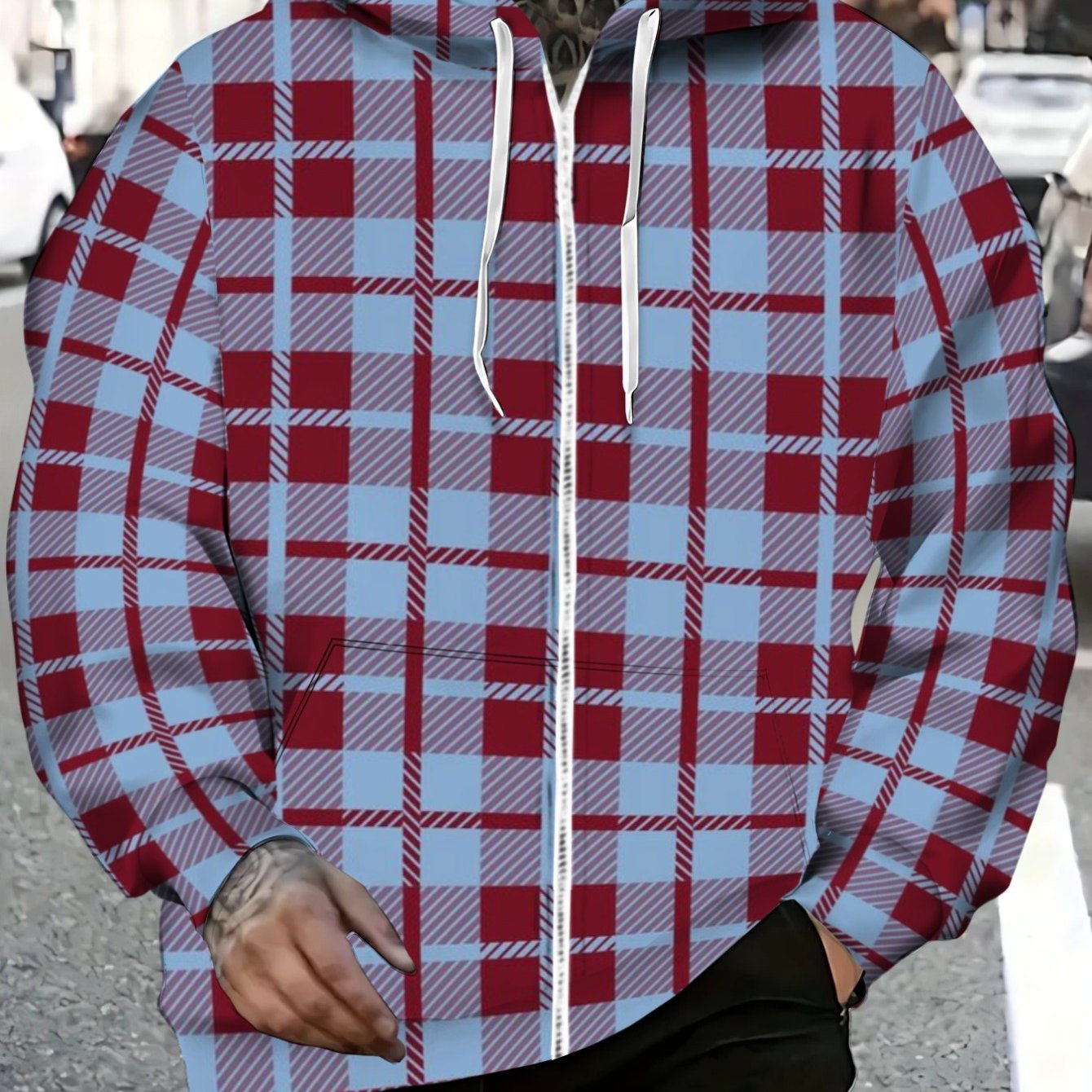 TEMU Men's Red And Gray Hoodie Lightweight Zip-up Sweatshirt For Casual Wear, Outdoor Activities, And Everyday Comfortable Use