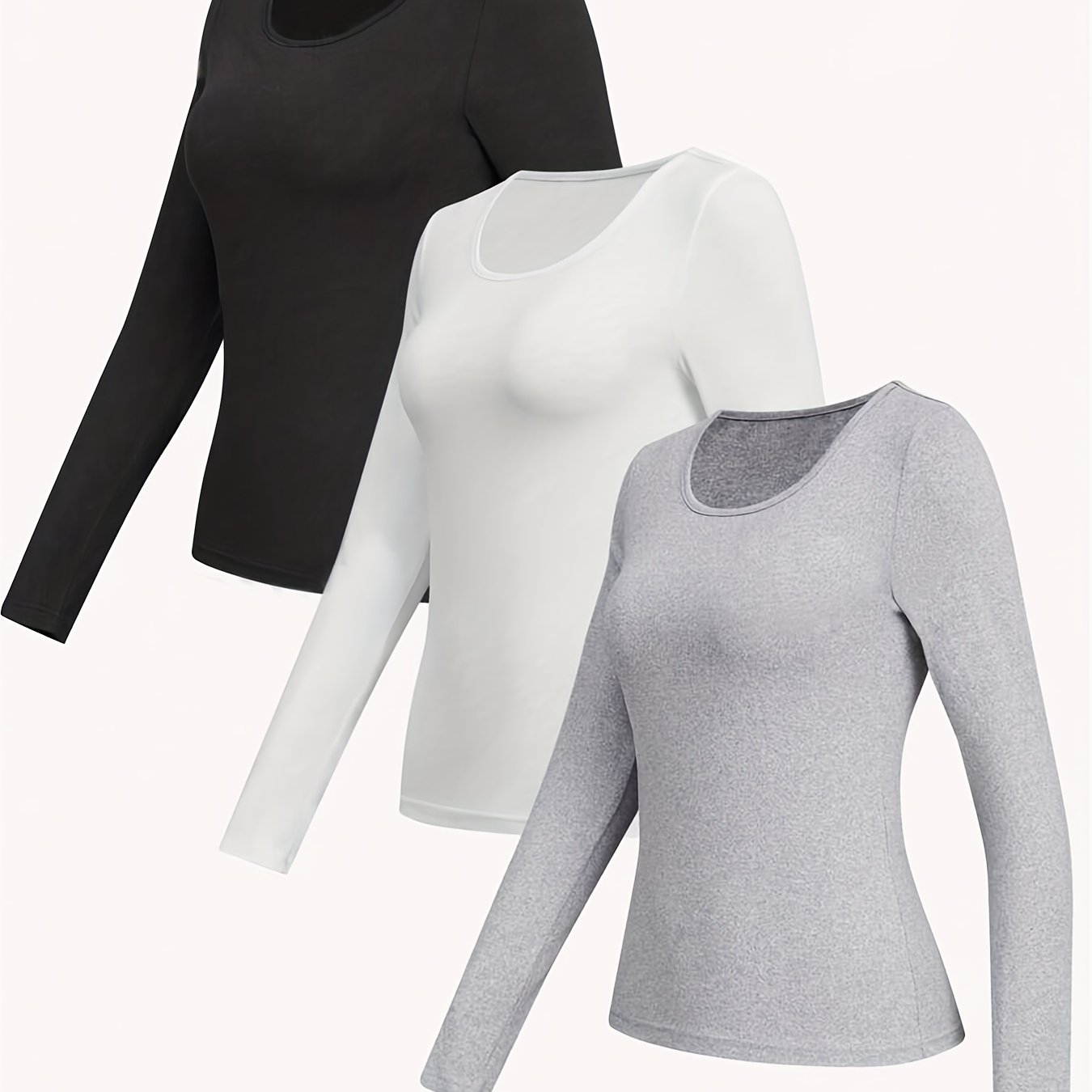 3 Pack Solid Color Crew Neck T-shirt, Casual Long Sleeve T-shirt For Spring & Fall, Women's Clothing
