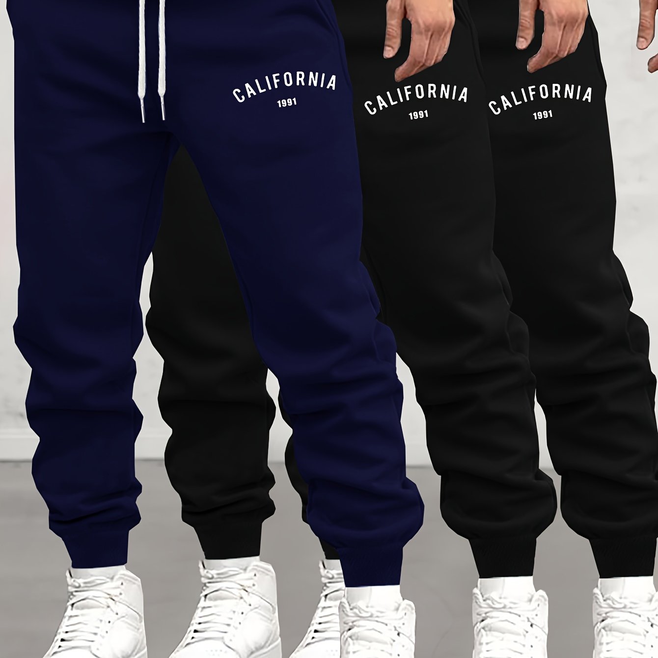 TEMU California Print 3pcs Men's Casual Jogger Sweatpants, Soft Autumn Winter Athletic Track Pants, Comfortable Outdoor Cuffed Drawstring Pants For