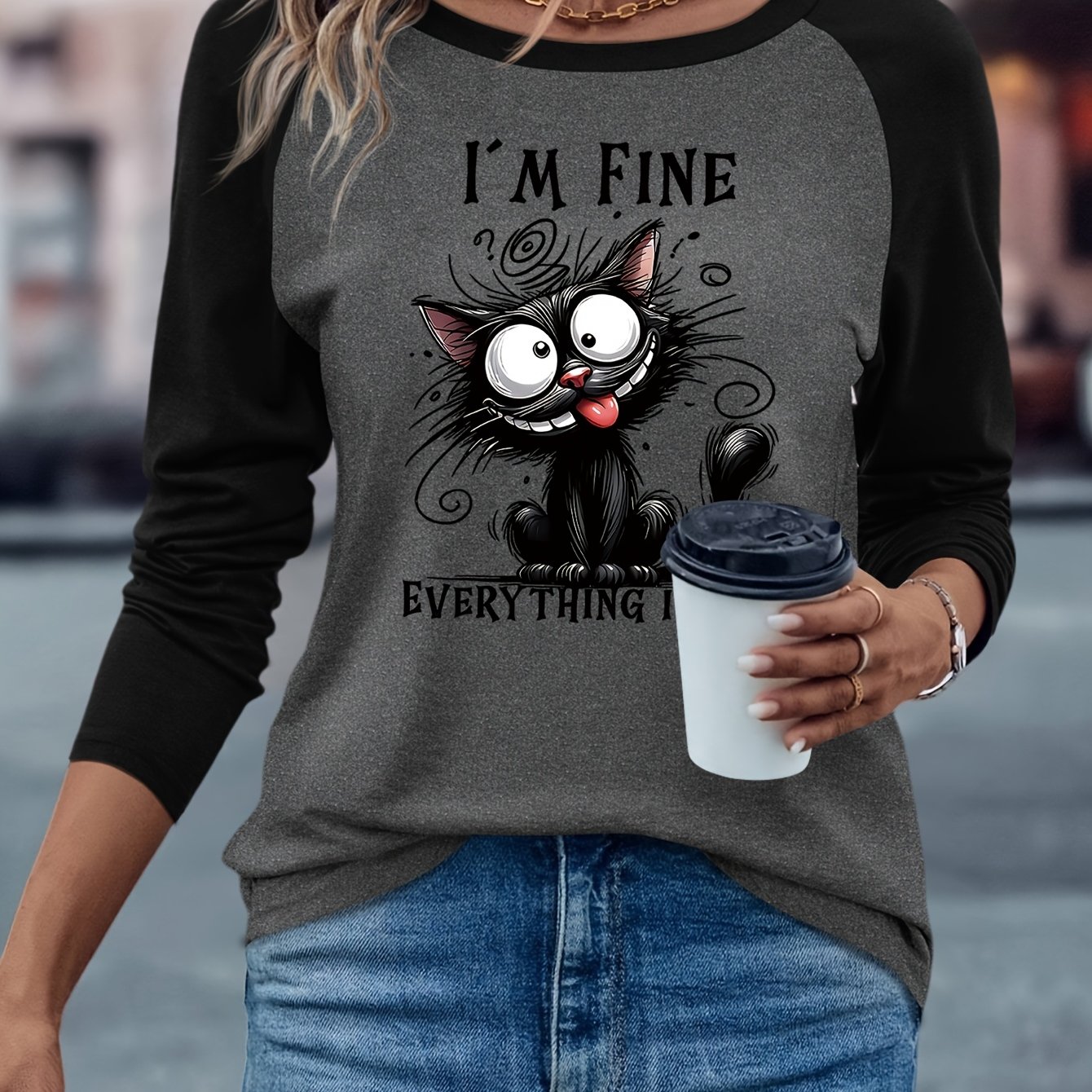 E-shop Ich bin sehr gut, alles ist sehr gut. Cartoon Katzenmuster Druck Damen Raglan Langarm T-Shirt