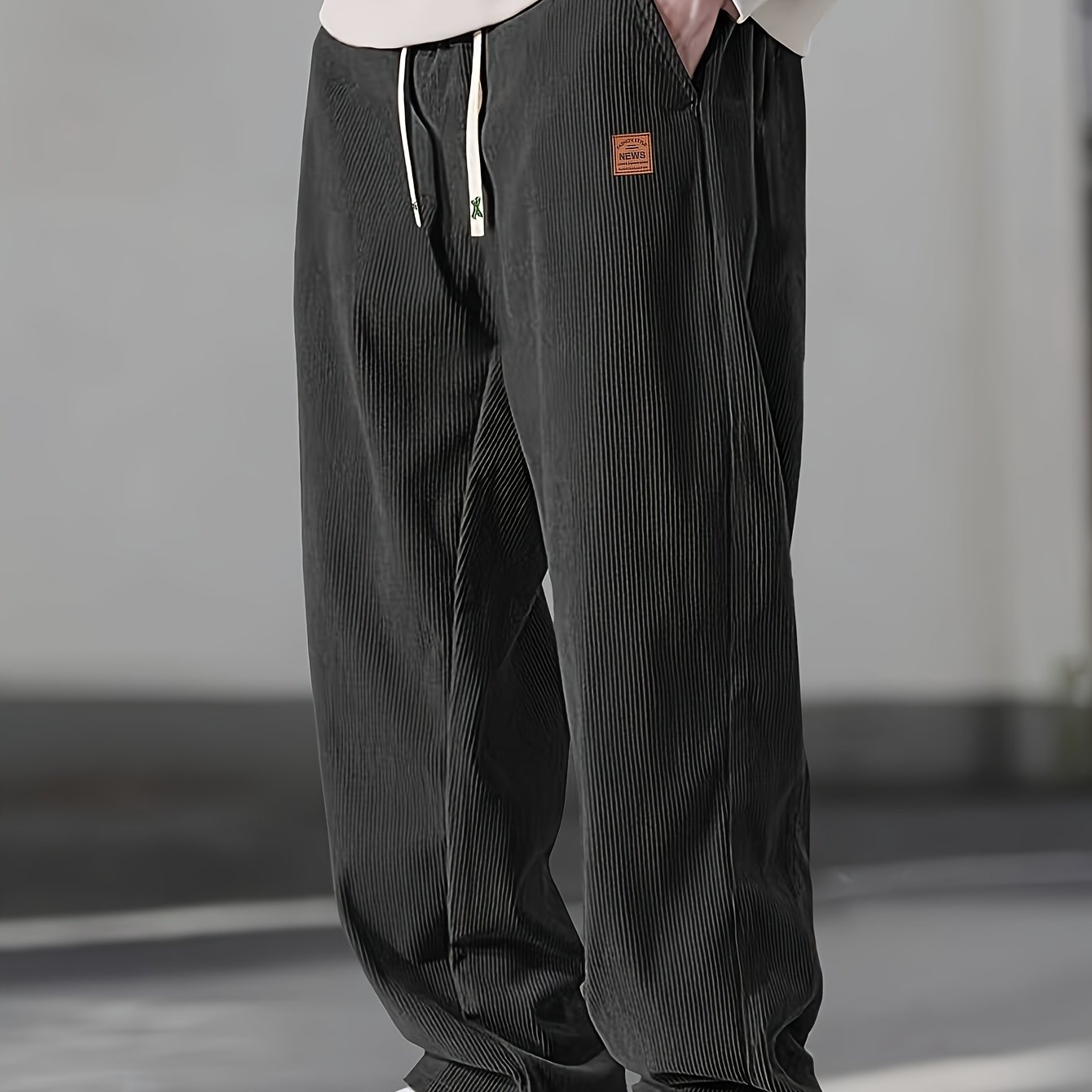 TEMU Trendy Men's Corduroy Pants, Loose Straight-, Drawstring Waistband, Label Accent, Simple And Elegant, Autumn/winter Essentials