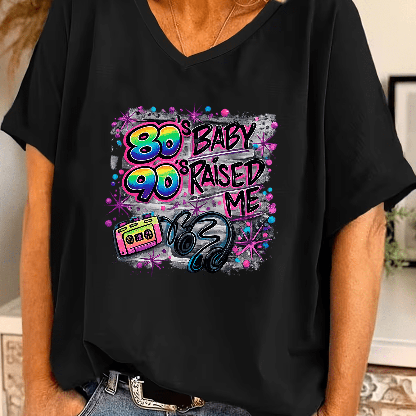TEMU Plus Size, Plus Size Casual V-neck Batwing Sleeve Vintage Cassette Tape Headphones Neon Print Women's Clothing, Trendy For Living Room,