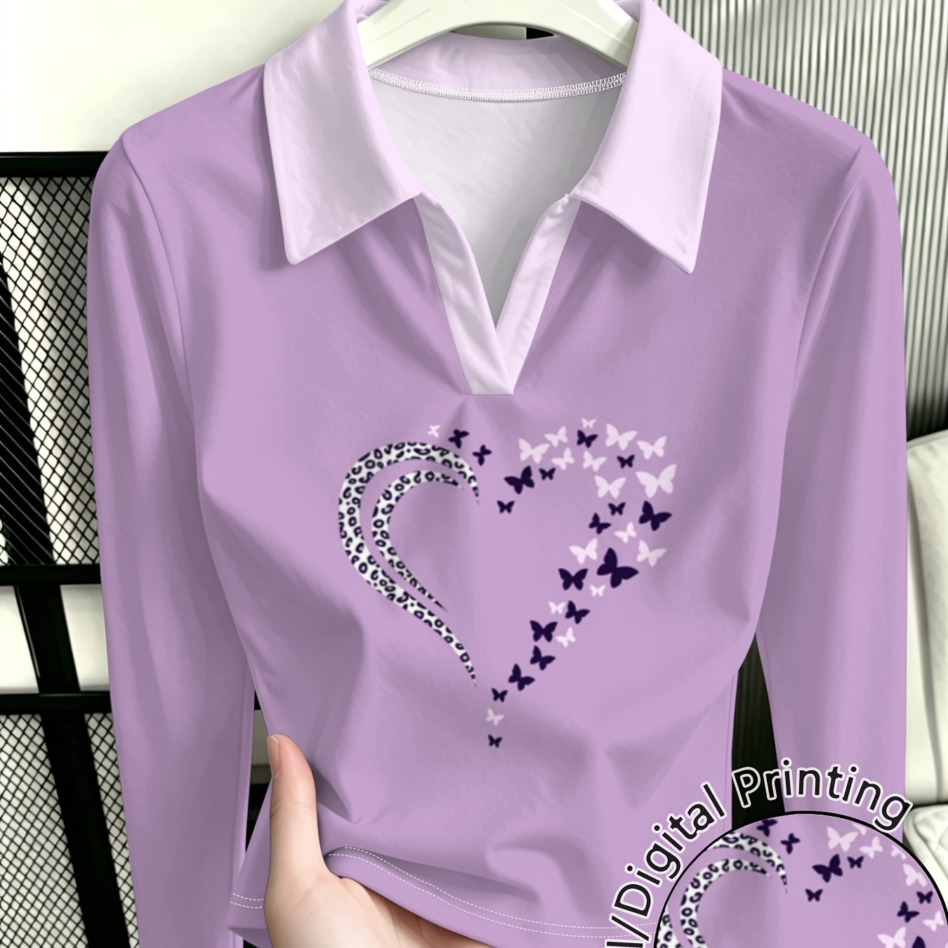 TEMU Purple And Heart Shape Printed Women's Long-sleeve Shirt, Fashionable And Versatile, Figure-flattering And Design, Essential Trendy Piece For