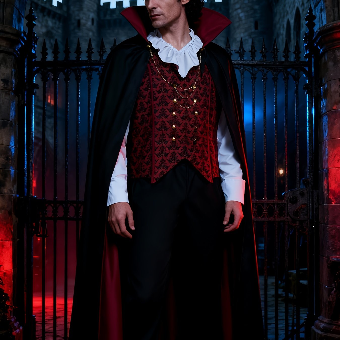 TEMU Gothic Vampire Count Cosplay Suit | Vintage Black Vampire Costume For Halloween Party, Men's Medieval Performance Outfit | Perfect For Festive