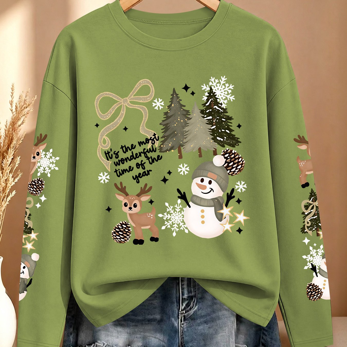 TEMU [christmas Gift] Women's Autumn Winter Clothing, Bow Christmas Tree Snowman Deer Multi-sleeve Printed Long Sleeve T-shirt, Athletic Casual