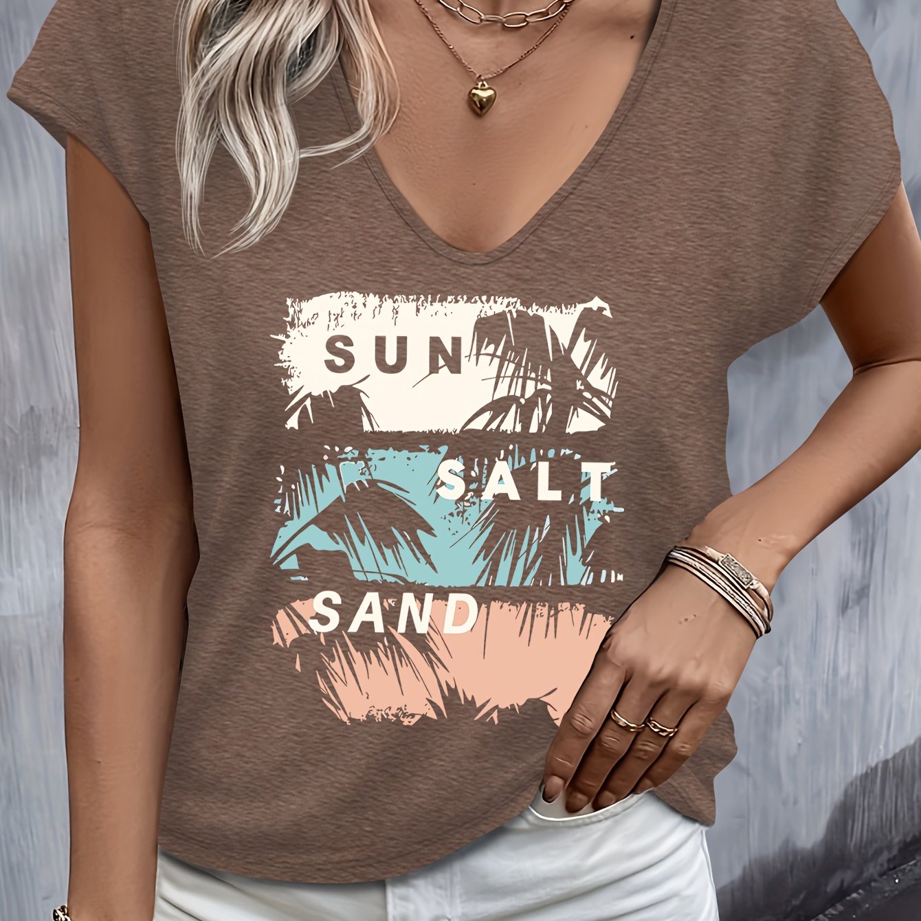 E-shop Lässiges Frühlings-/Sommer-Vest mit Kokosnussbaum-Muster, V-Ausschnitt, Dolman, Kurzarm-T-Shirt