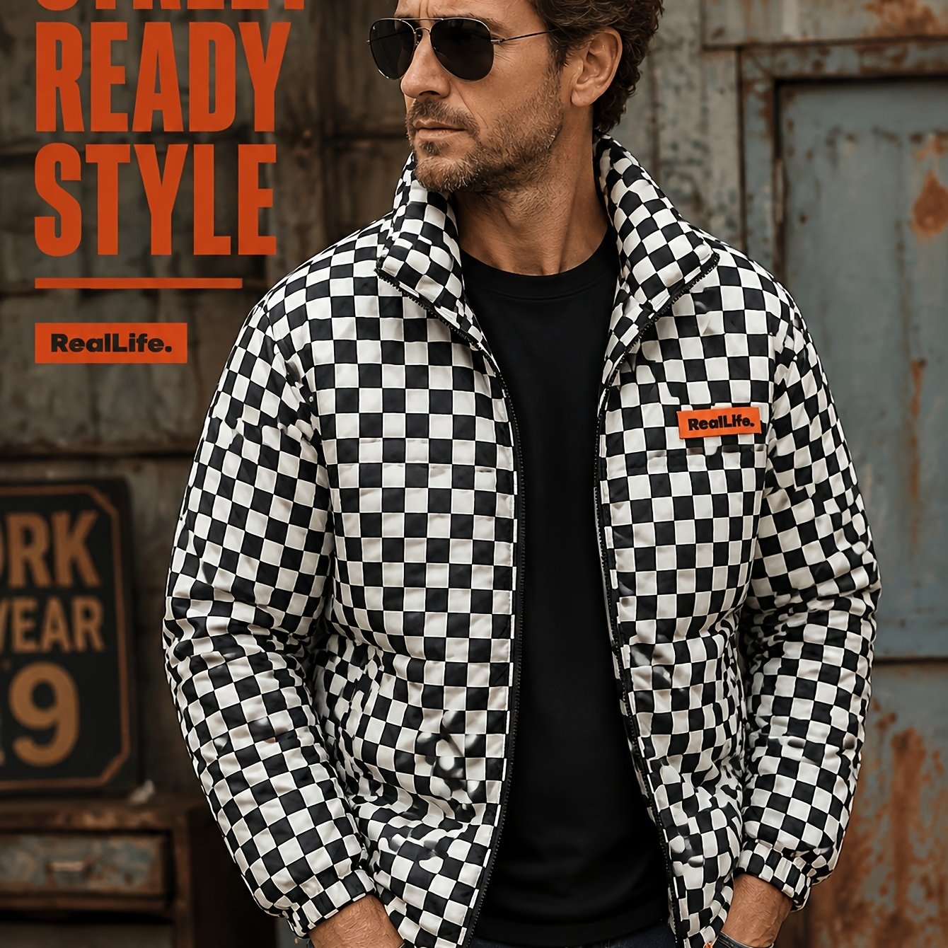 Image of Men's Checkerboard Print Jacket, Stand Collar Zip-up Warm Padded Coat, Street Style Casual Winter Outerwear