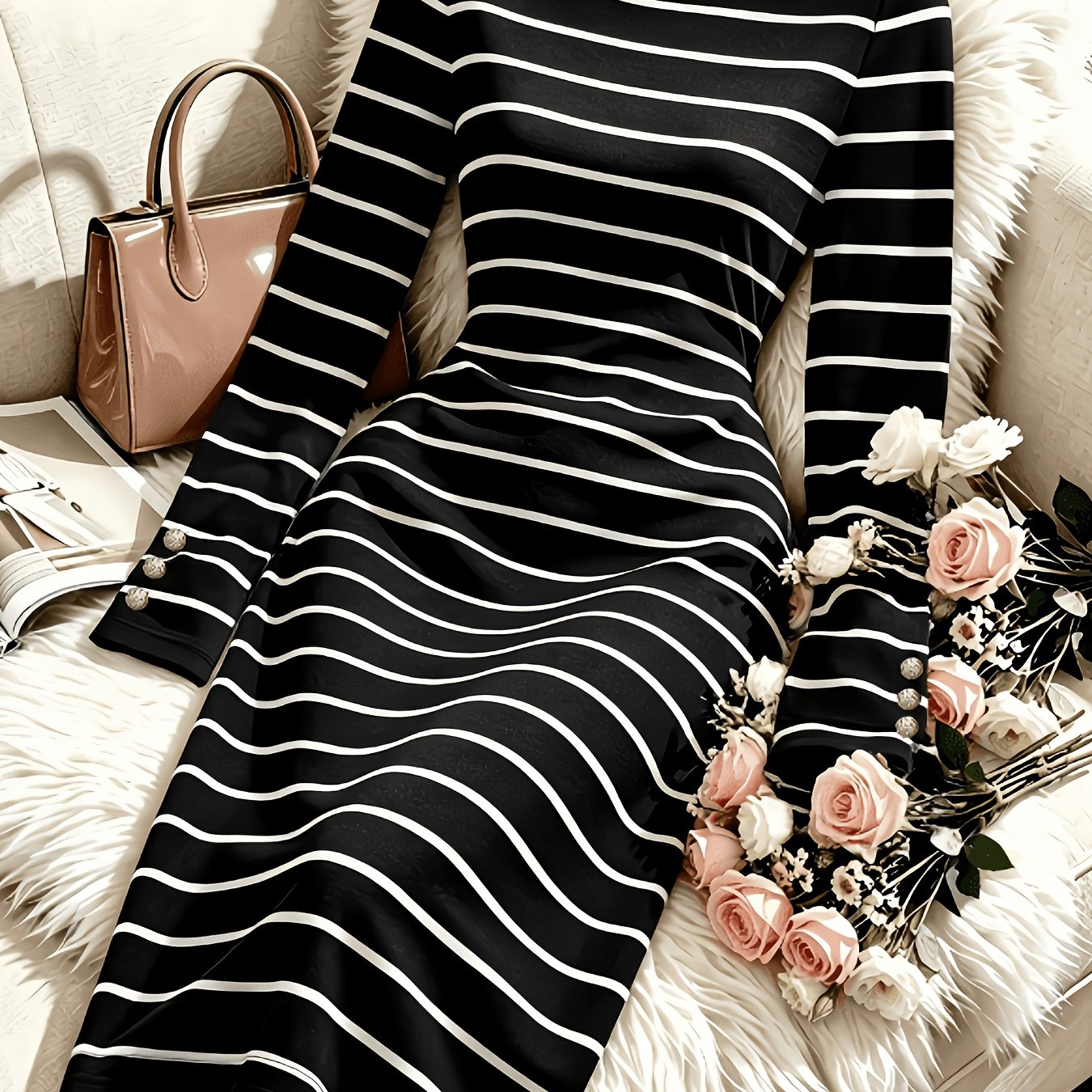 TEMU And White Striped Dress | Round Neck Long Sleeve Slim Fit Midi Length, Versatile For Layering Or Wearing Outdoors, High-end Commuter Skirt For