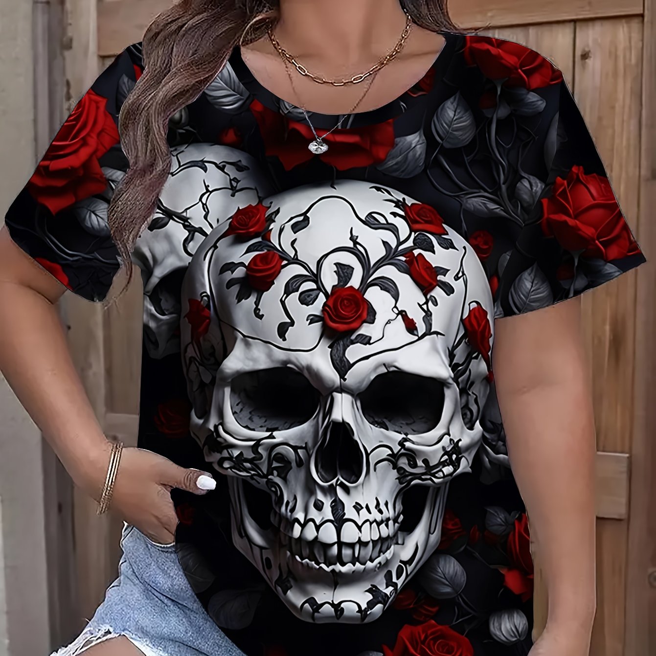 TEMU Plus Size - Plus Size - Casual And Fashionable Plus Size Women's Round Neck Short-sleeved Tops, Chic Women's Rose And Skull Print T-shirt,