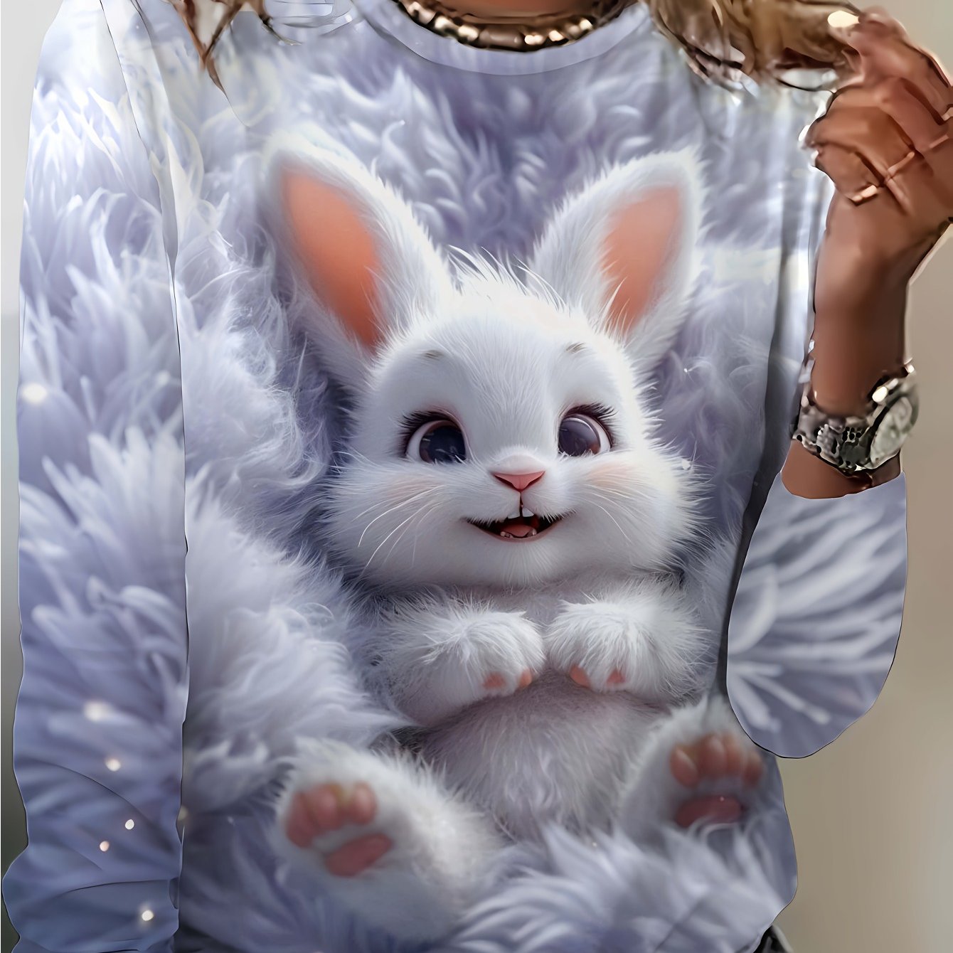 Women's Cute Rabbit Print Long-sleeve Sweatshirt, Soft And Comfortable Spring/summer Casual Pullover, Stylish Easter-themed Rabbit Shirt