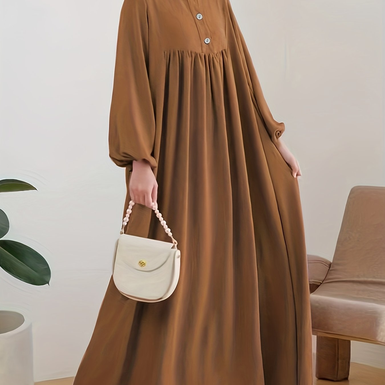 E-shop 2025 Neue muslimische Damen Robe Karamellfarbe Mode Lässig Bubble Ärmel Easy Loose Einfarbiges Kleid Ohne Kopftuch
