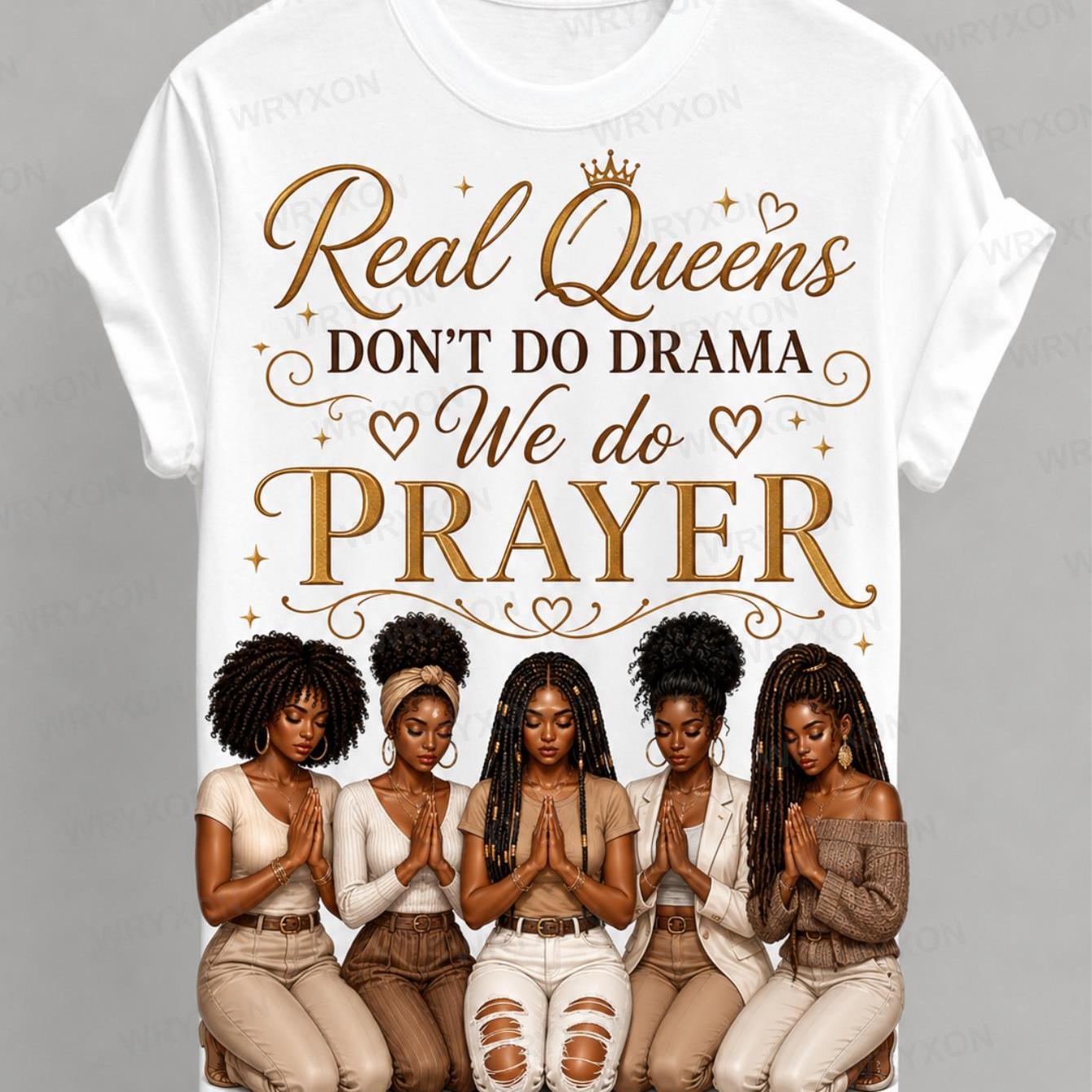 TEMU 1pc Men's & Women's Real Queens Dont Do Drama 5 Praying Graphic T Shirt Religious Inspirational Casual Short Sleeve Top 180g 100% Cotton